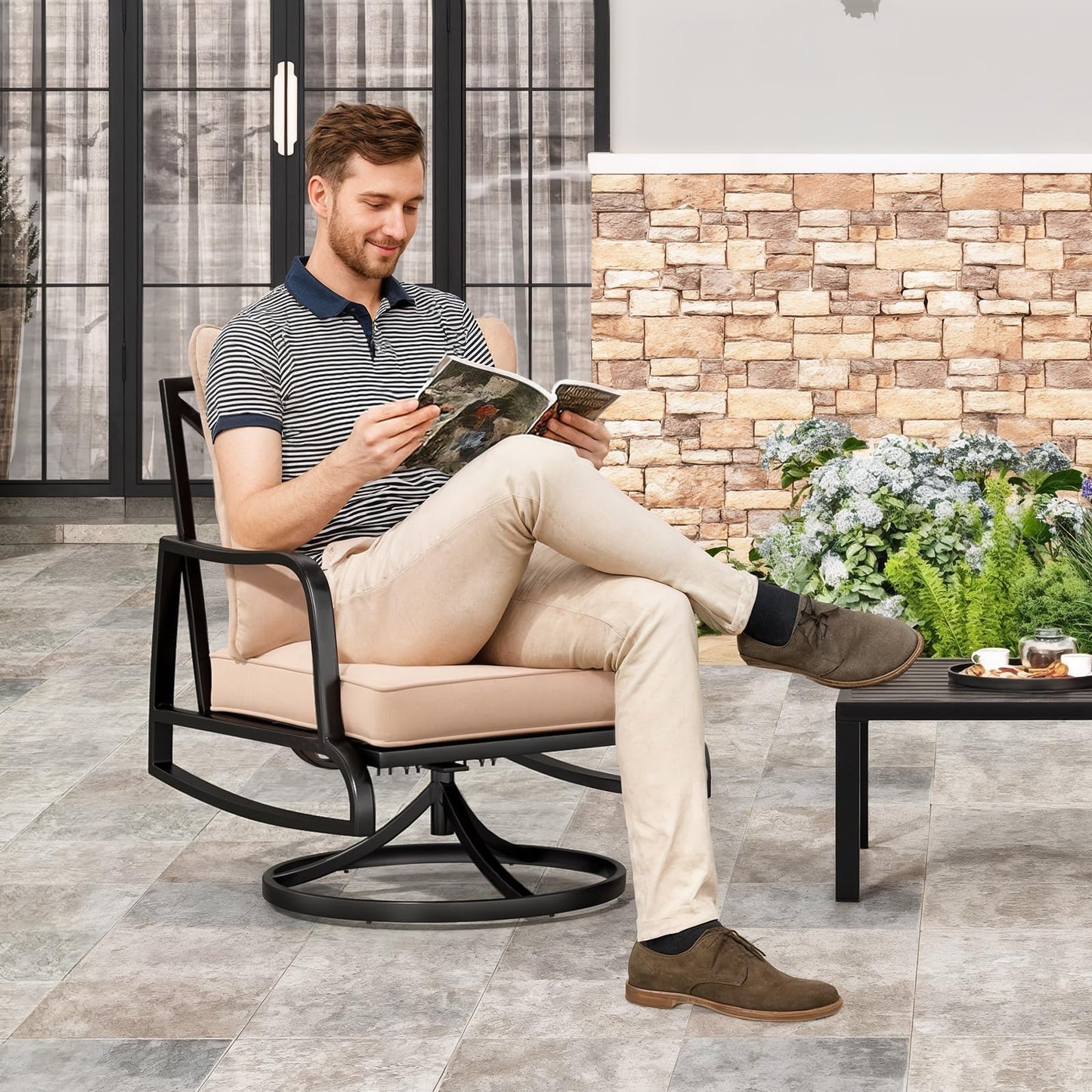 Soohow Patio Furniture Set, 4 Piece Outdoor Patio Furniture Set, 2 x Outdoor Swivel Chair, 1 x 3-Seats Sofa and 1 x Coffee Table, Metal Conversation Set for Porch, Balcony, and Backyard