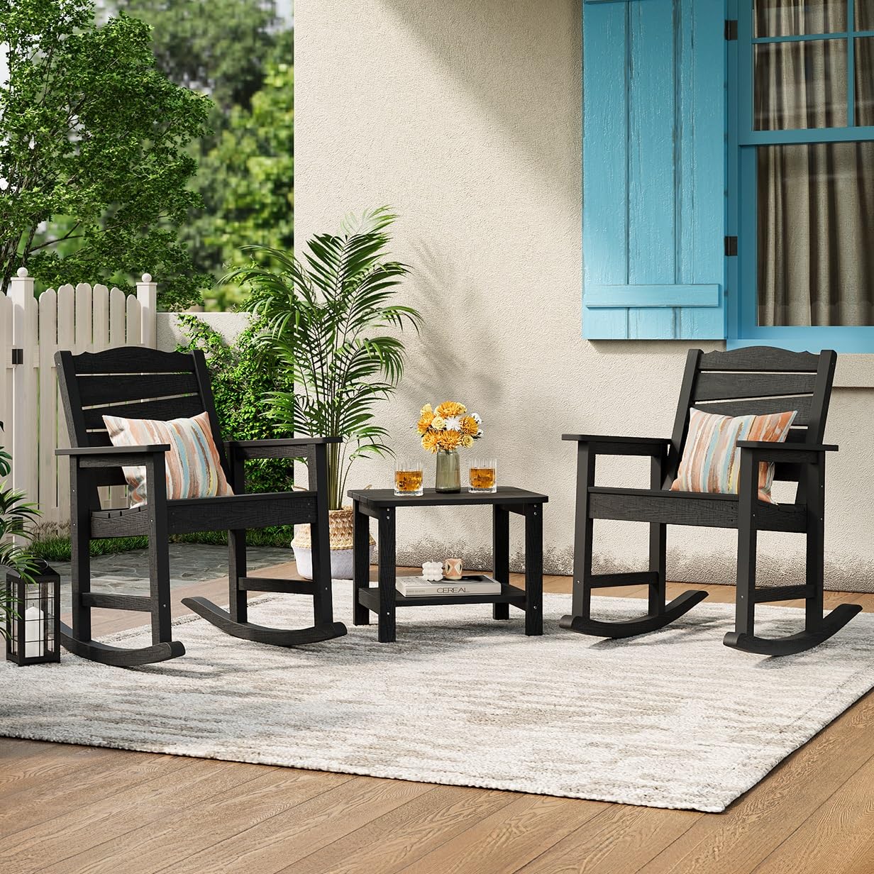 LAHAAP Weatherproof Patio Rocking Chair, HIPS Outdoor Rocking Chair for Adults, 400LBS Support Heavy Duty Porch Rocking Chairs for Garden, Lawn, Backyard, Outdoor and Indoor (Black)