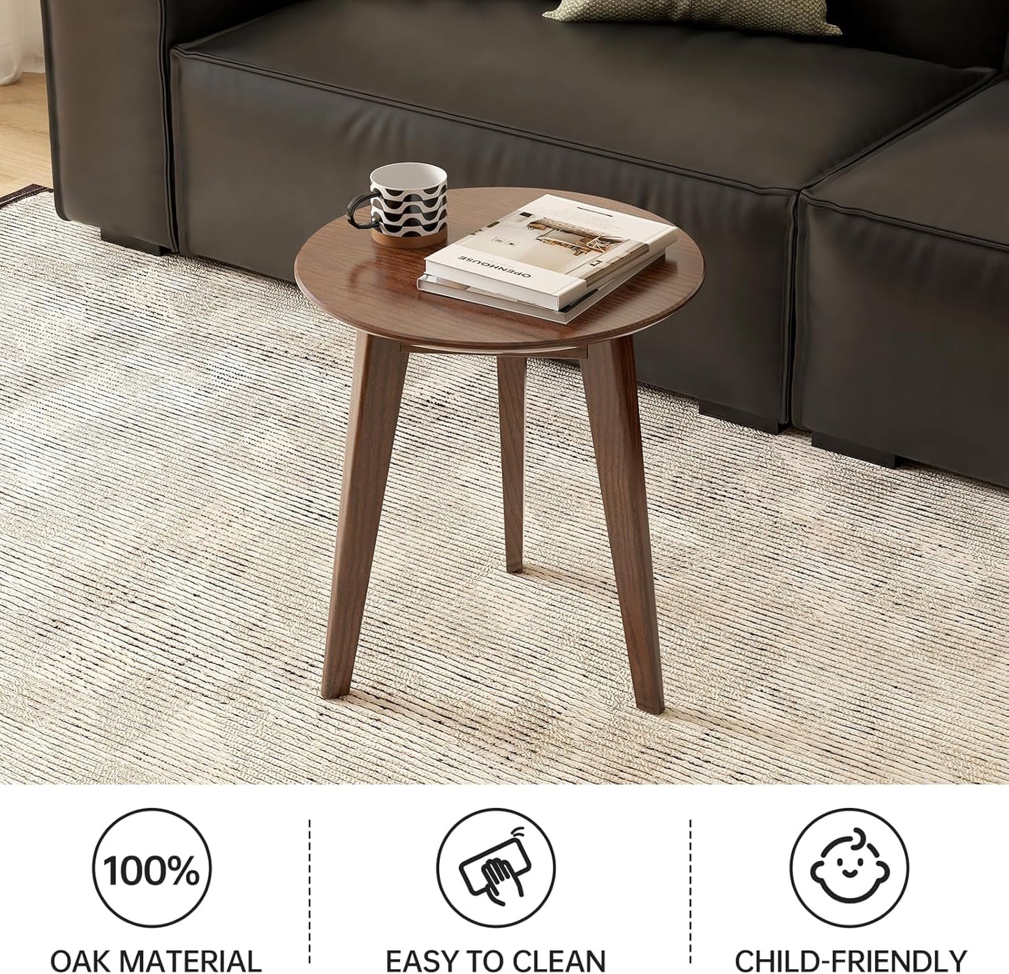 Vadisun 100% Solid Oak Round Side Table Set of 2, Small Bedside Table for Small Spaces, Living Room End Table with Stable Frame, Modern Nightstand for Bedroom Couch(Walnut, 17.71" D x 19.68" H)