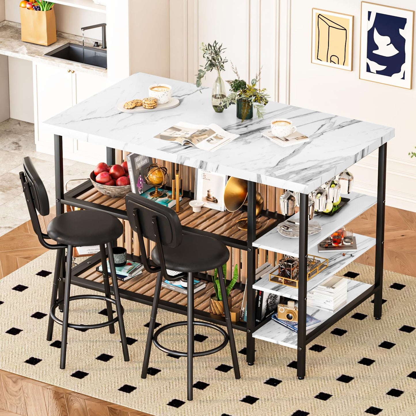 Recaceik Kitchen Island with Storage Small Dining Table for 2, Bistro Table and Chairs Set of 2 W/ 5 Shelves with PU Stools (White)