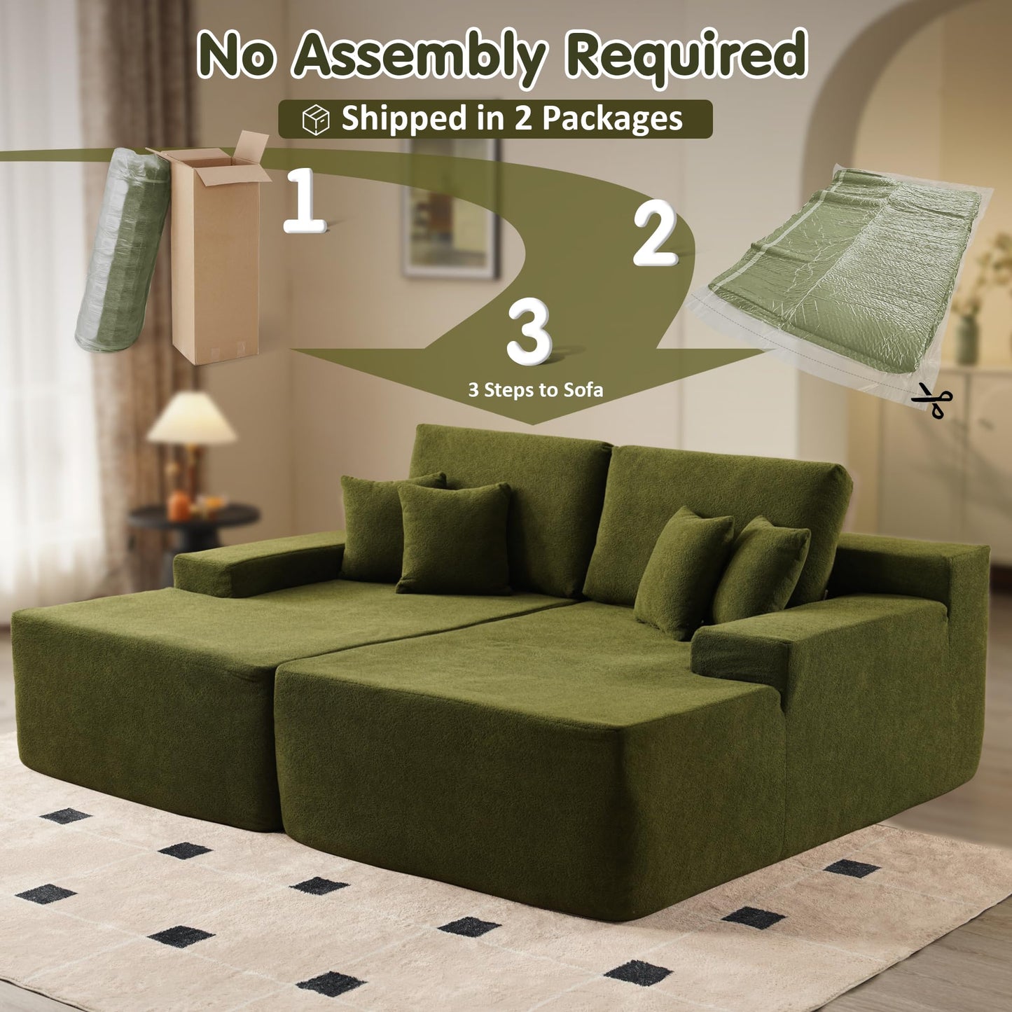 ovios 81" Oversized Sectional Double Lounge Chaise with Cloud Plush Sofa Bed, No Assembly Required, Fluffy Modern Sleeper Loveseat Chair for Indoor Living Room Bedroom Reading, Green (Cloud Velvet)