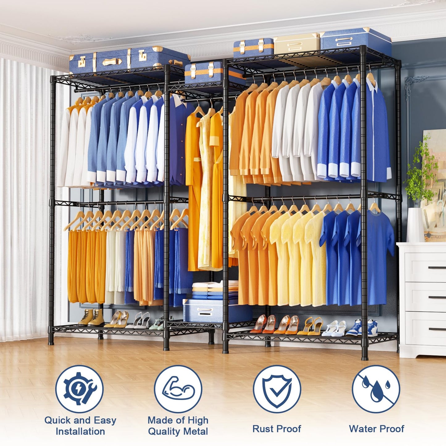 Ulif E12 Clothes Rack，Heavy Duty Freestanding Garment Rack with Shelves，Metal Clothing Closet Storage System for Hanging Clothes，71" W x 16" D x 76.5" H, Hold 960 lbs，Black
