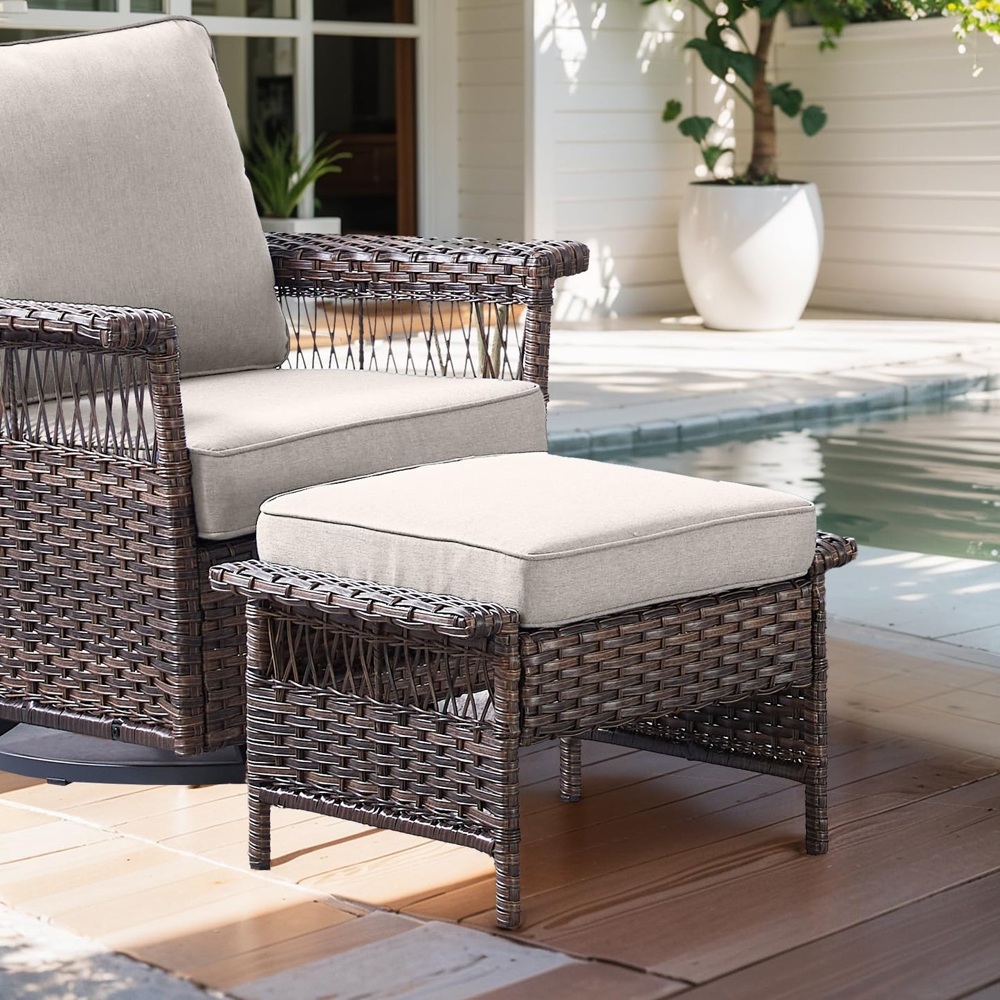 HUMMUH Outdoor Ottoman-Patio Rattan Footstool with Cushion Patio Ottoman for Deck Porch Balcony Garden-Brown/Beige