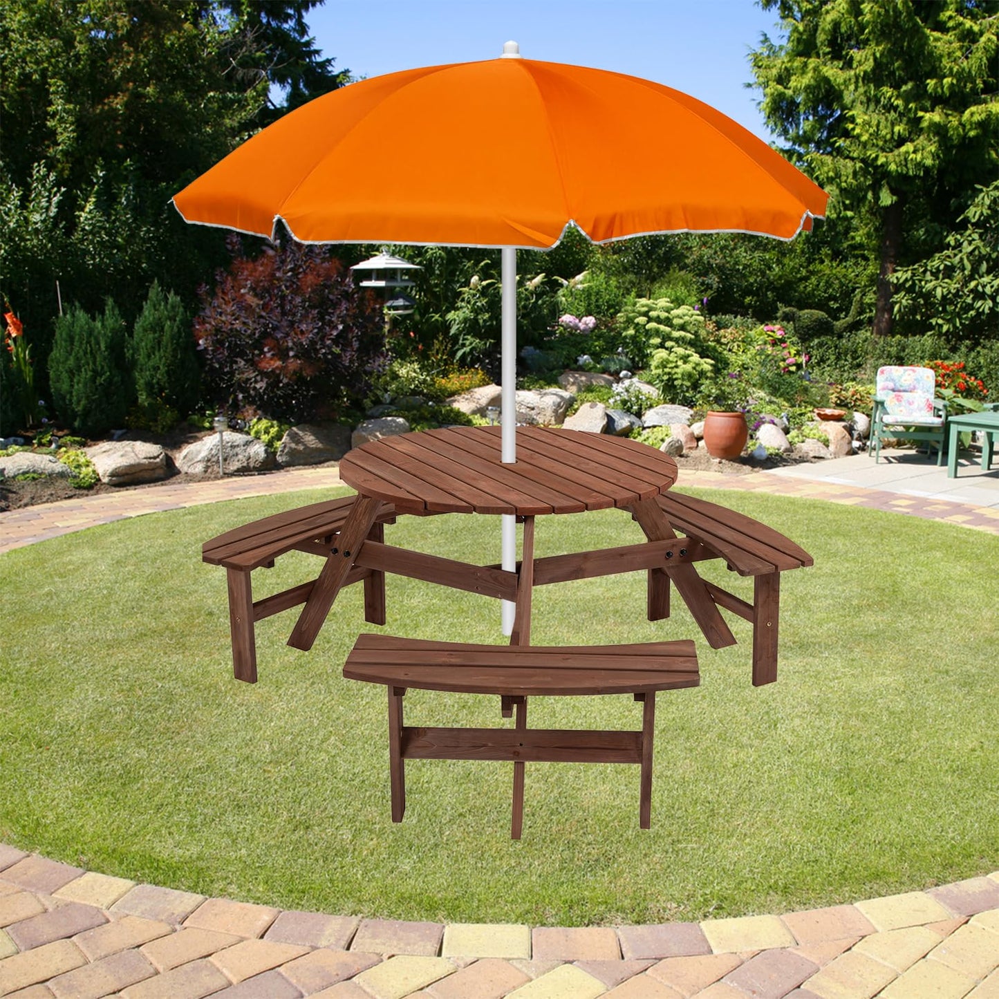 SSLine 6-Person Solid Wood Picnic Table Outdoor Round Picnic Table and Bench Set with Umbrella Hole Outside Wooden Table and Chairs Set for Patio Backyard Garden Lawn (Dark Brown)