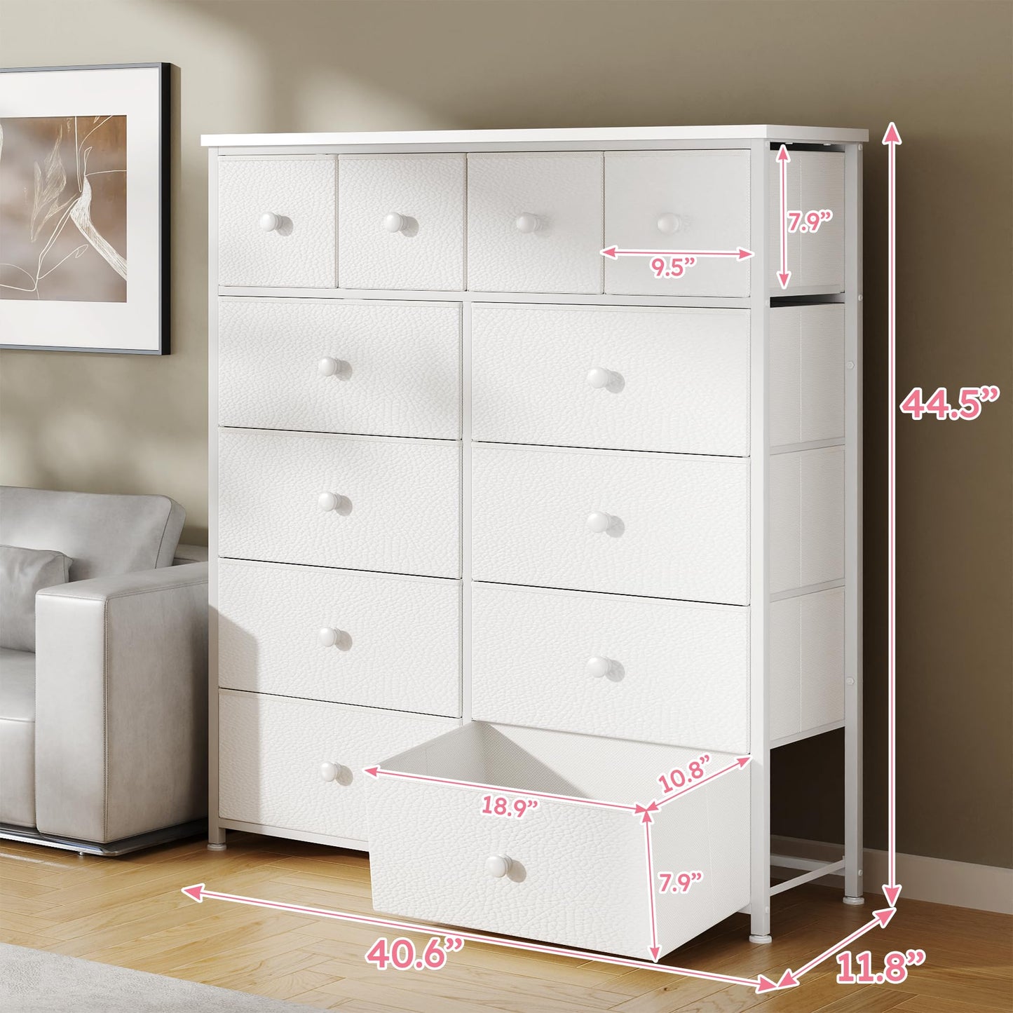 Dresser for Bedroom with 12 Drawers Tall Dressers for Bedroom Fabric Dressers & Chest of Drawers with Sturdy Metal Frame, Wood Top, for Girls, Closet, 40.6" W x 11.8" D x 44.5" H (White)