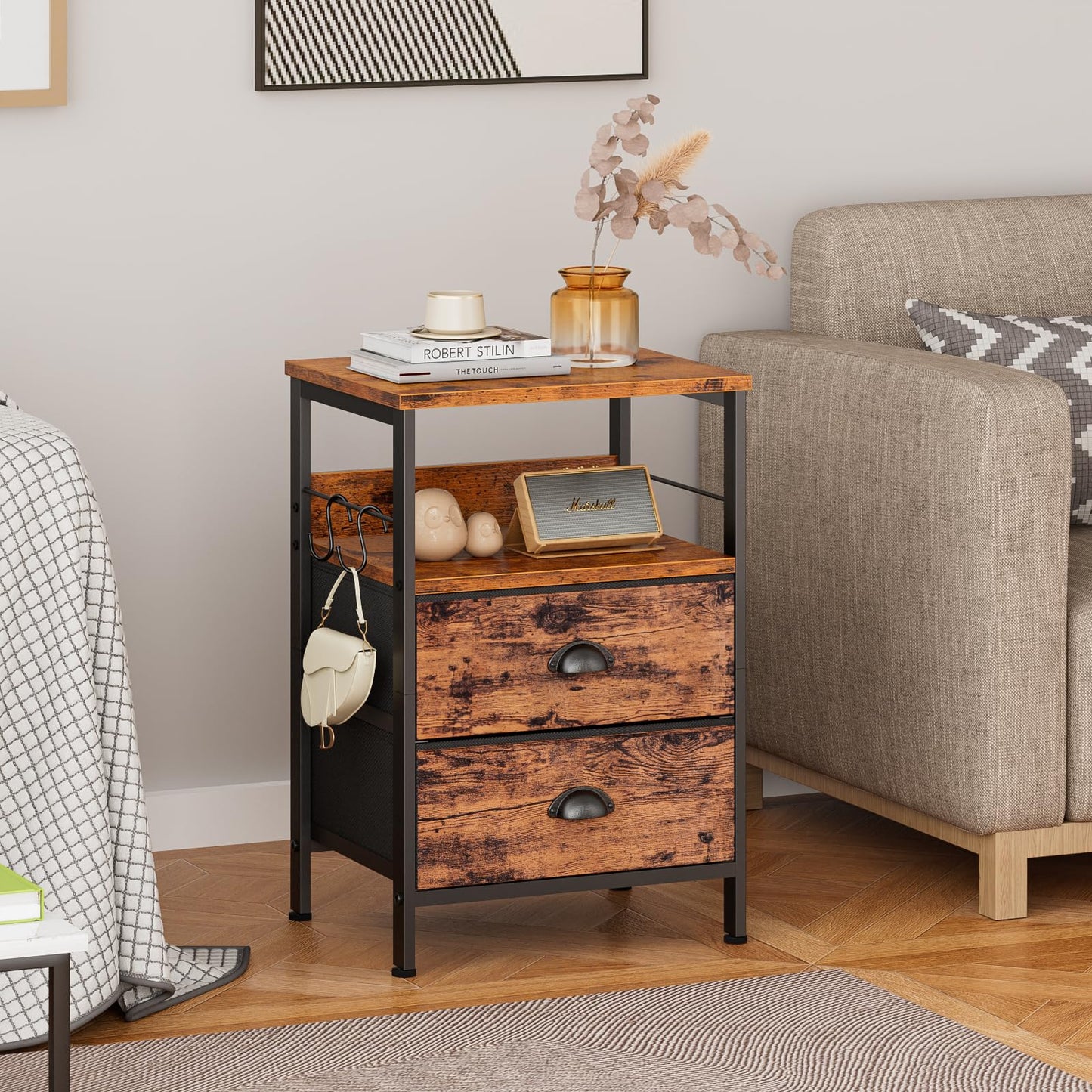 Furologee Nightstand with 2 Fabric Drawers, End Table with Open Wood Shelf, Side Sofa Table with 2 Hooks for Bedroom/Living Room/Study/Halway/Rustic Brown