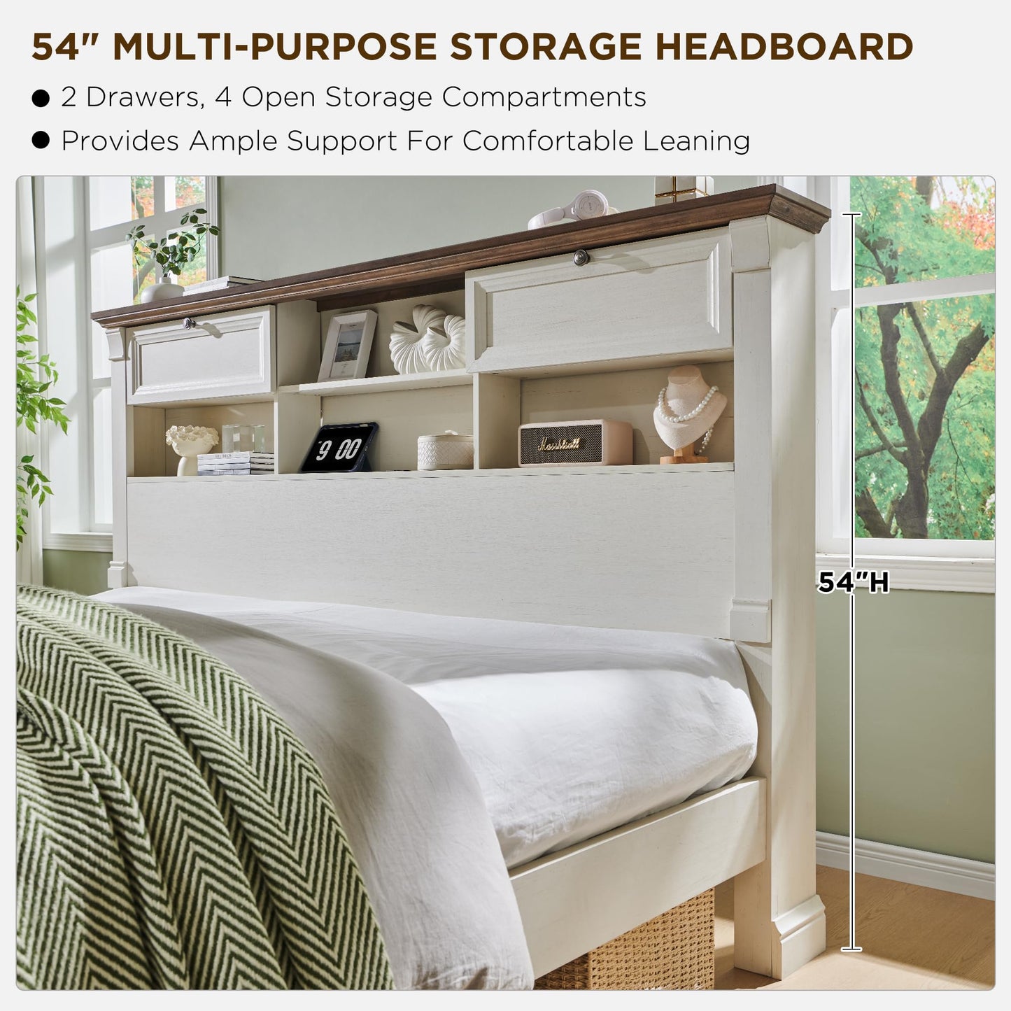 Farmhouse Queen Size Bed Frame with 54" Tall Storage Bookcase Headboard, Wood Platform Bed Frame with 2 Drawers & 18" Tall Roman Column Decoration Footboard, No Box Spring Needed(Antique White)