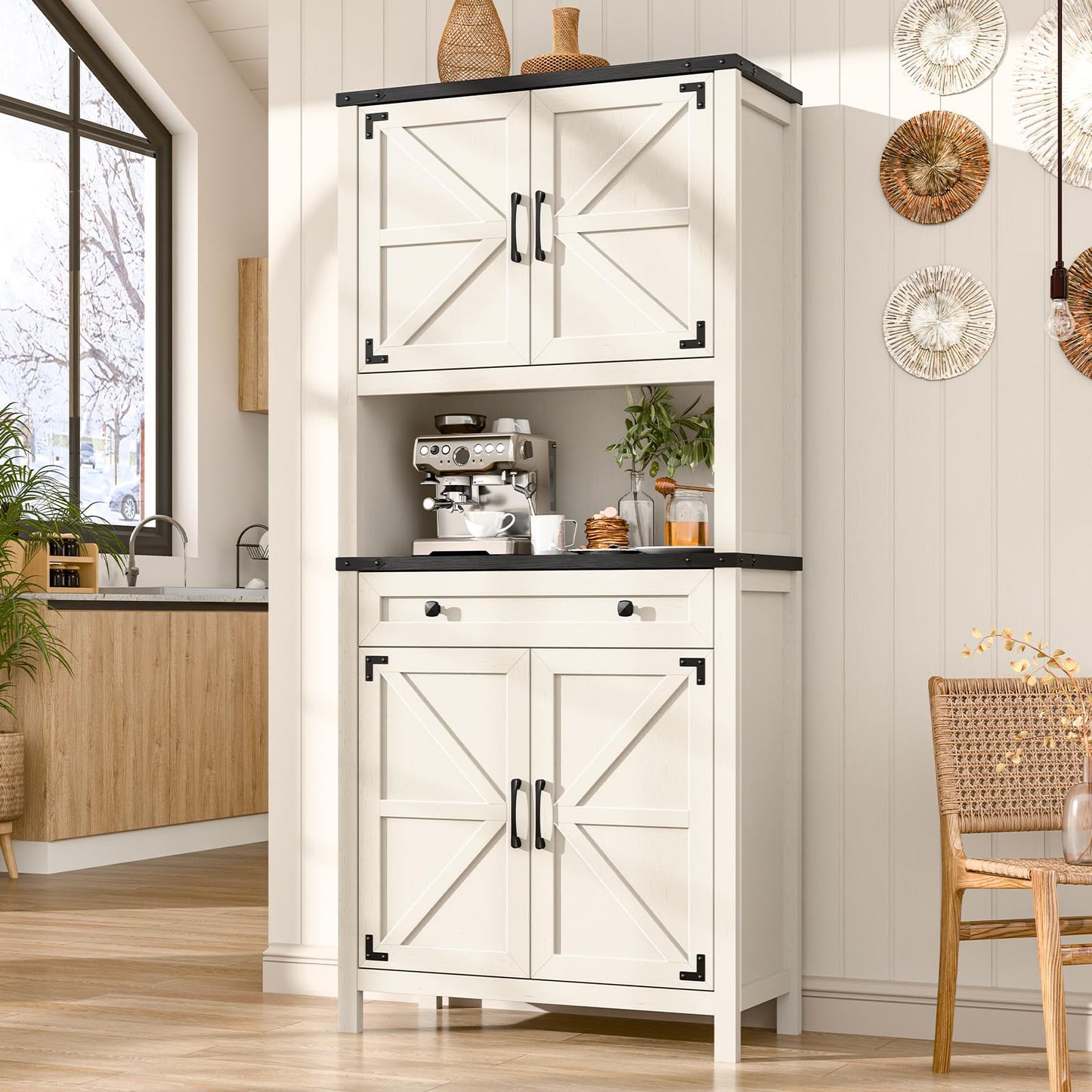 Befrases 72" H Tall Farmhouse Storage Cabinet with Drawer, 6 Tier Kitchen Pantry Organize with 4 Barn Door and Adjustable Shelf, Microwave Stand for Kitchen, Garage, Living, Utility Room, Black