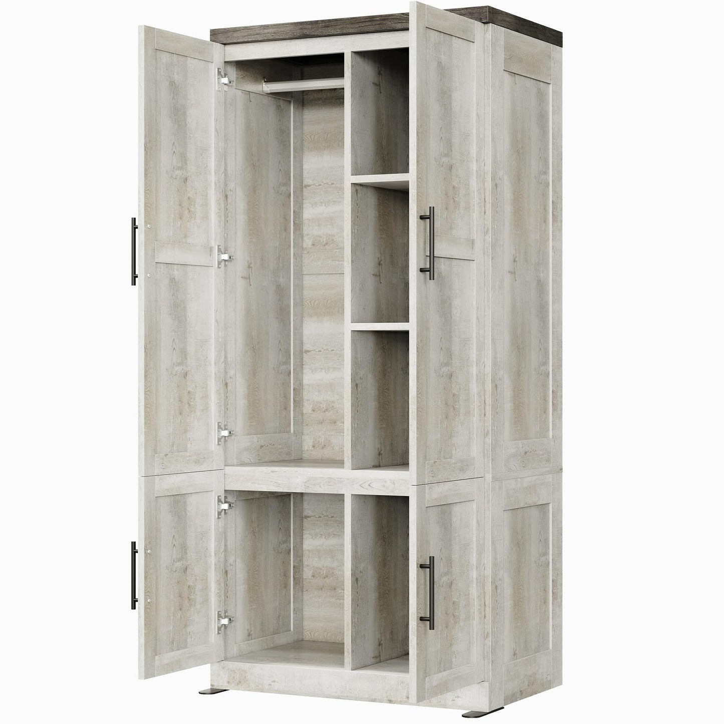 LIKIMIO Large Wardrobe Closet, Farmhouse Clothing Storage Cabinet with Hanging Rod and 2 Doors, Wooden Tall Bedroom Armoires with Storage Shelves, Rustic White