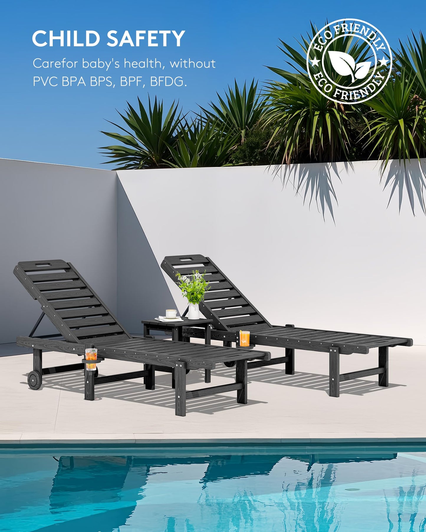 SERWALL Patio Chaise Lounge, HDPE Outdoor Lounge Chair with Cup Holder, 5 Positions Adjustable Poly Lounge Chair with Rolling Wheels for Poolside, Deck, Sunbathing, Grey