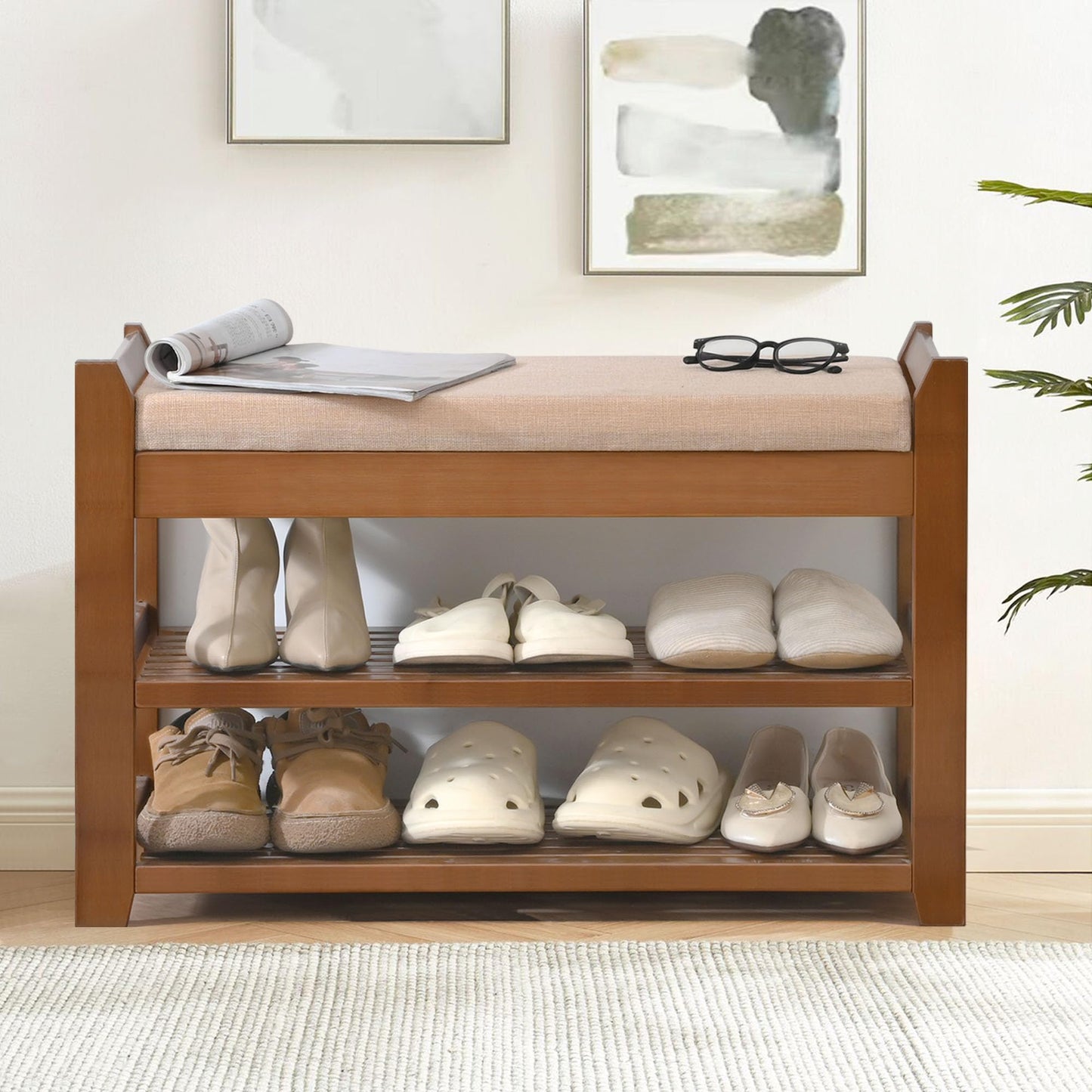 PETKABOO Shoe Rack Bench with Storage 27.6 in, Entryway Bench Shoe Storage with Cushion for Hallway, Bedroom, Living Room