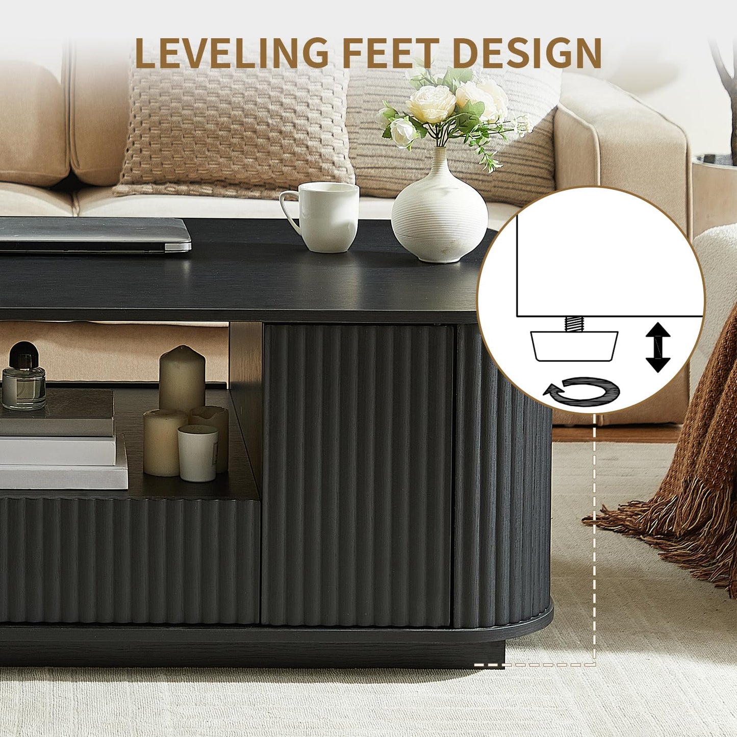 LKTART Coffee Table, 46.5" Mid Century Modern Storage Coffee Table with Door, Center Table with Drawer Wave Pattern for Living Room, Office, Apartment, Black