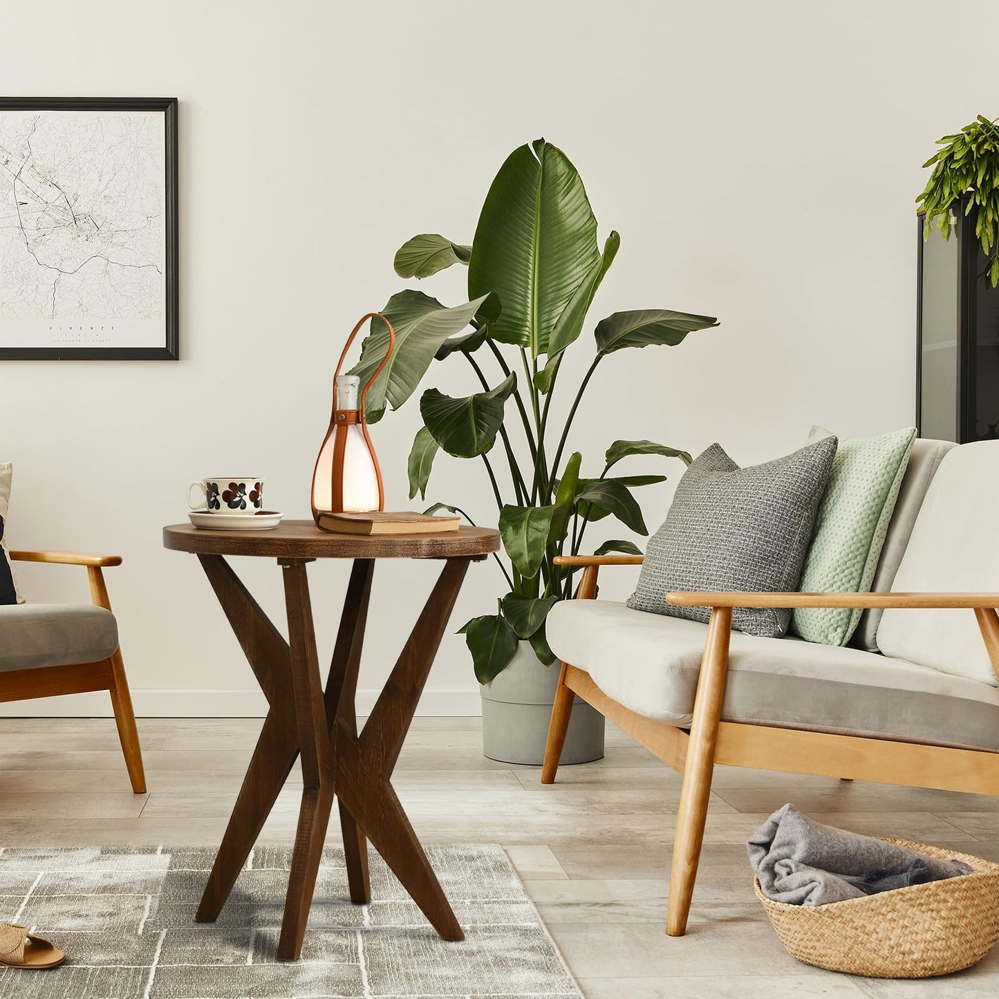 Ahokua Farmhouse End Table Set of 2 with Solid Wood Crossed Legs Round Boho Side Table Mid Century Modern Side Table Small Accent Table for Small Space Stable Nightstand for Living Room, Natural Wood