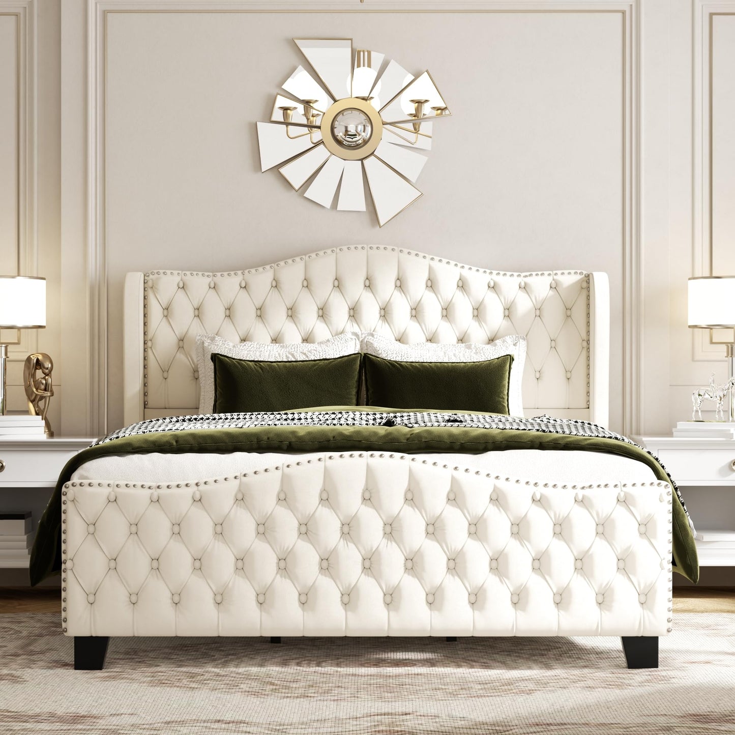 King Size Bed Frame with 51-inch Tall Camelback Headboard, Velvet Upholstered Platform Bed with Deep Button Tufted Footboard & Nailhead Trim Wingback, No Box Spring Needed, Noise Free