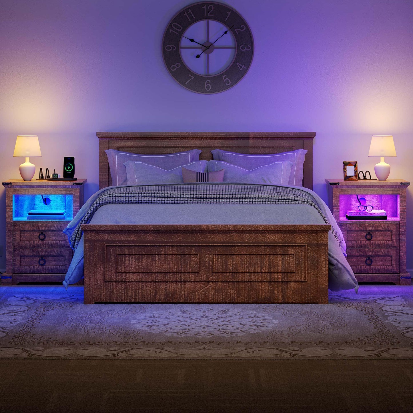 YITAHOME Nightstand Set of 2, Farmhouse Night Stand with Charging Station ＆ 2 Drawers for Bedroom, LED Lights, Heavy Duty End Table Side Table w/Open Shelf, Retro Brown