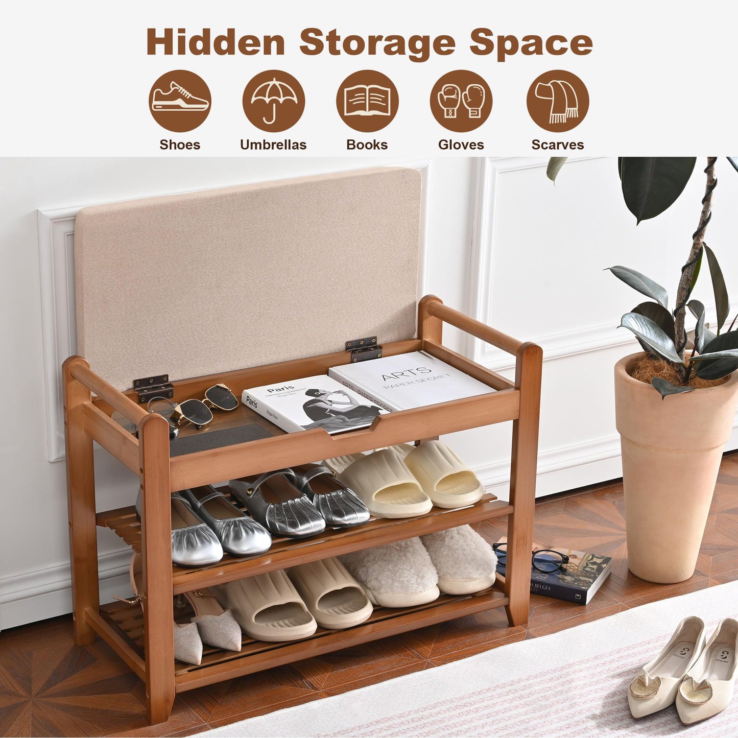 Shoe Rack Bench, Shoe Storage Bench with Cushion, 27.6in Entryway Bench with Lift Top Hidden Storage Holds Up to 330lb for Bedroom Living Room