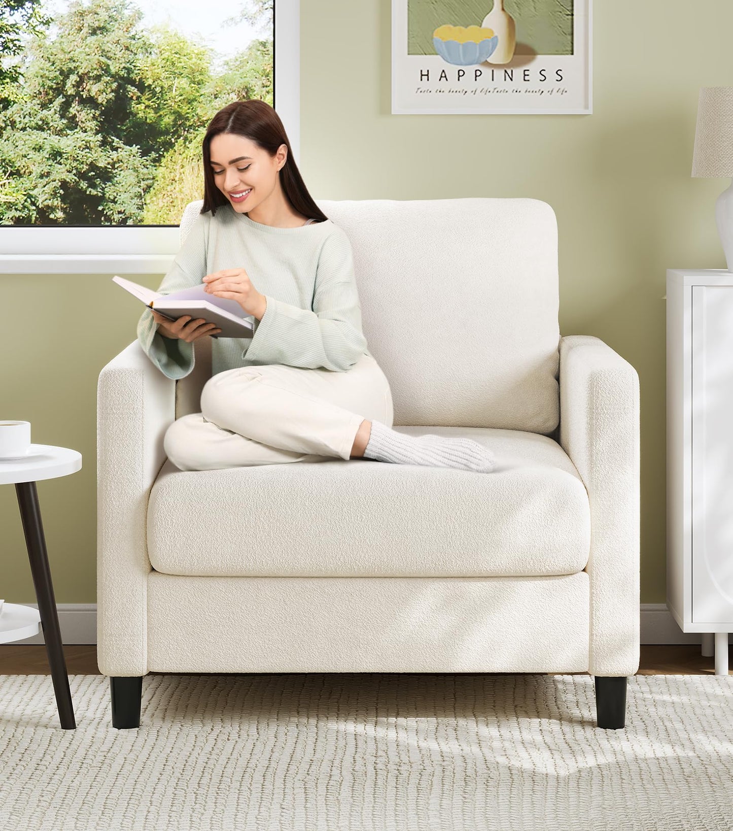 Welzona Sofa Accent Chair, 33" Reading Chair for Bedroom, Tool-Free Setup Living Room Accent Chairs, Comfy Arm Chairs Living Room, All-Wood Reading Nook, Beige