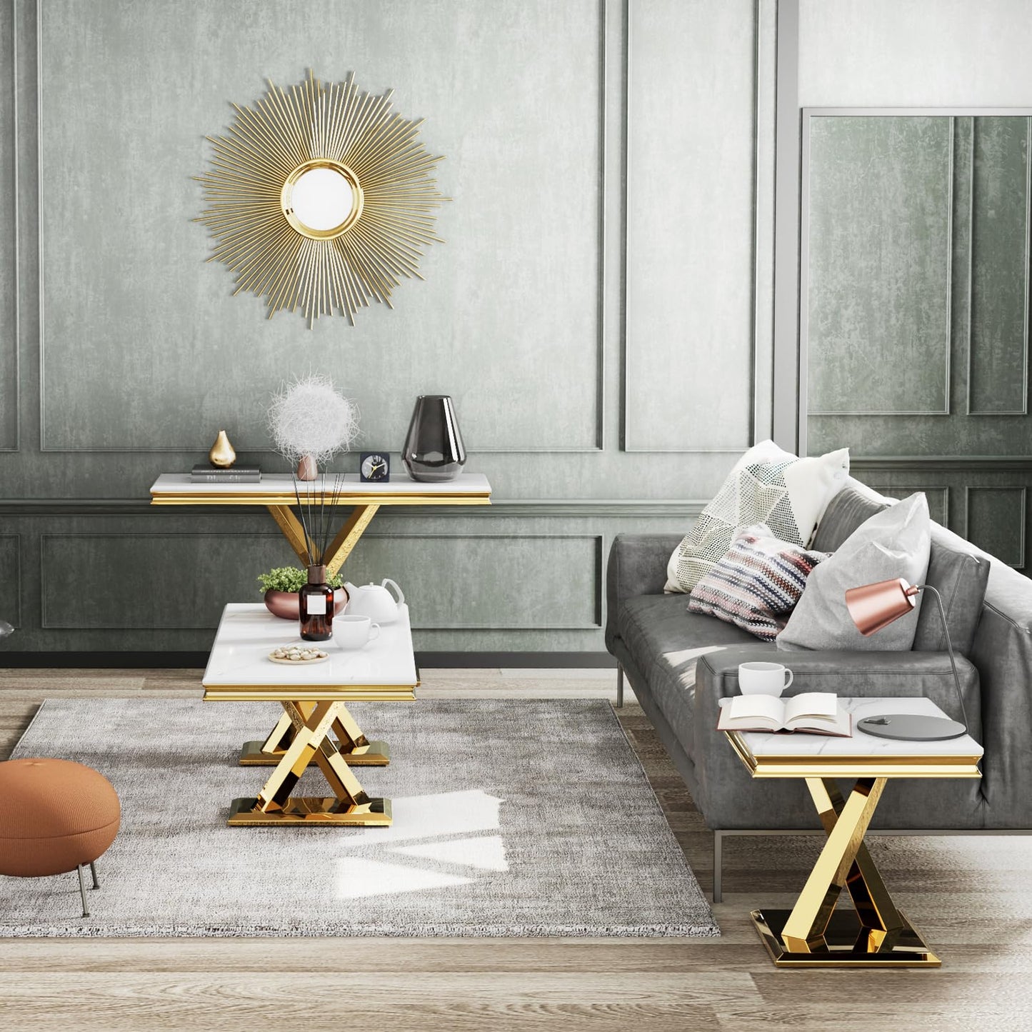 ACEDÉCOR Gold Console Table, 50" Entryway Table with White Tabletop & Gold Polished X-Base, Luxury Sofa Table for Living Room, Hallway, Foyer