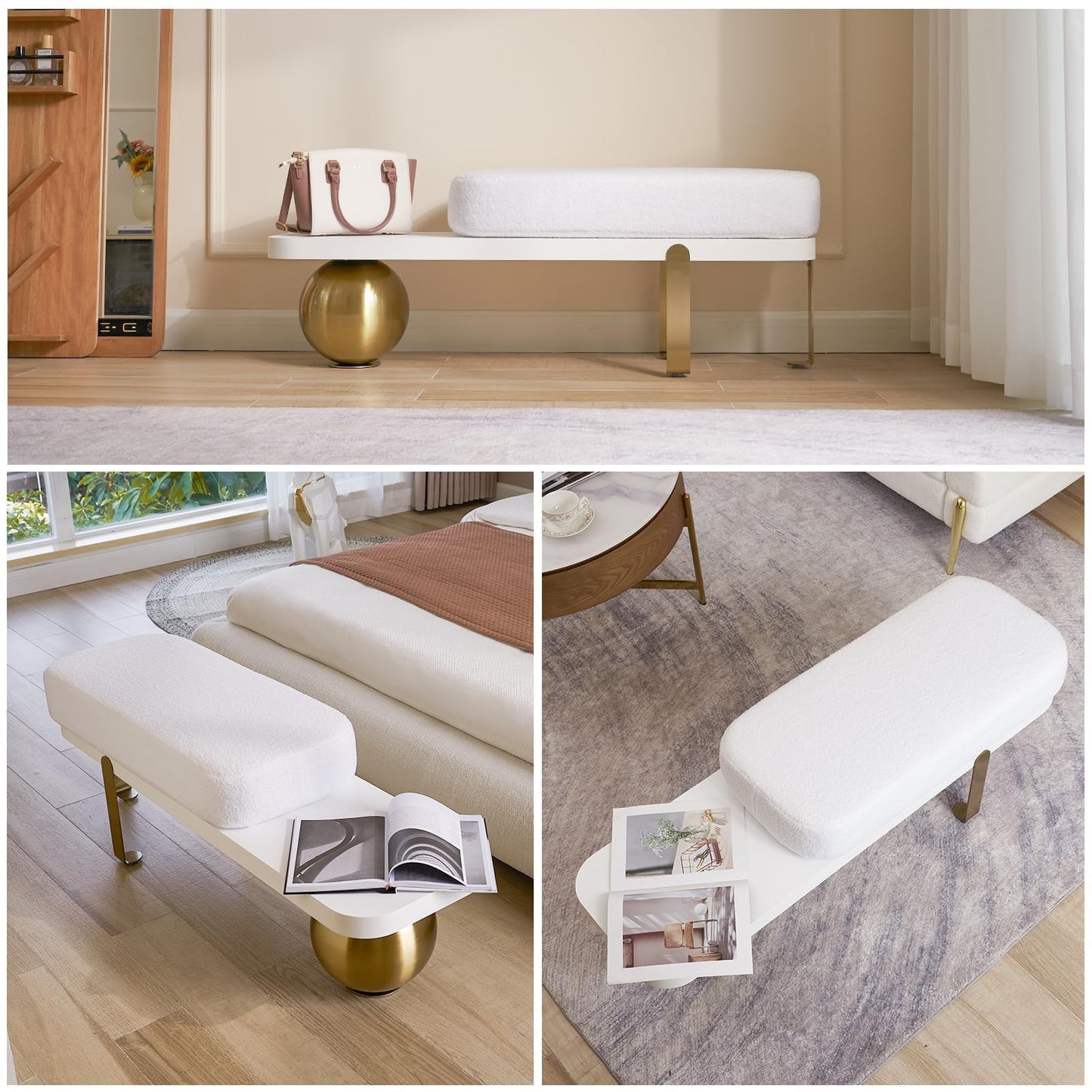 homary Entryway Bench, Wooden Bench Boucle Upholstered Bench with Abstract Metal Leg for Entryway/Bedroom/Living Room - 47.2" L x 13.8" W x 16.5" H White
