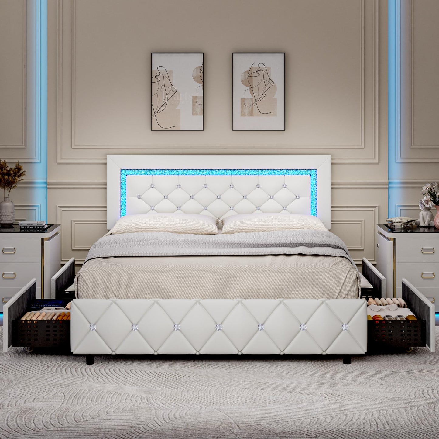 Queen Bed Frame with LED Lights, Upholstered Bed Frame with Storage Drawers, Princess Platform Bed with Diamond Headboard and Footboard, No Box Spring Needed, White