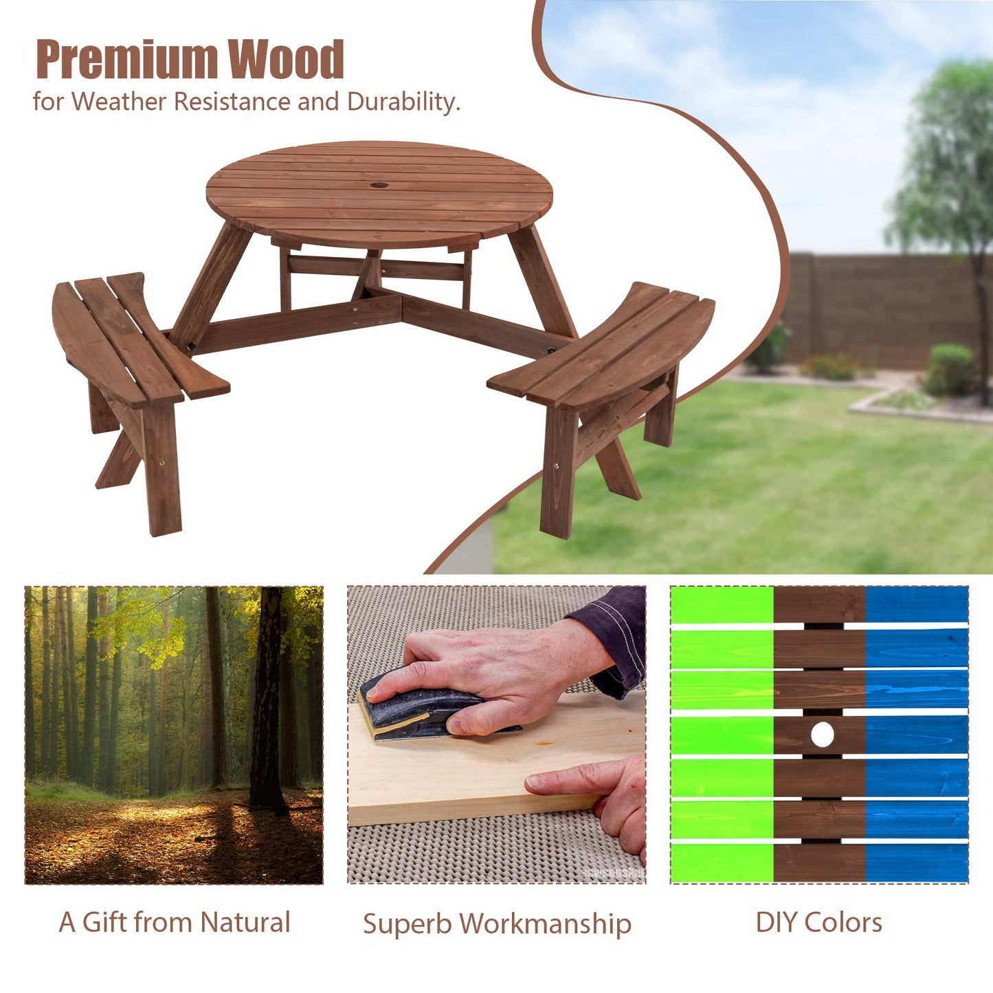 SSLine 6-Person Solid Wood Picnic Table Outdoor Round Picnic Table and Bench Set with Umbrella Hole Outside Wooden Table and Chairs Set for Patio Backyard Garden Lawn (Dark Brown)