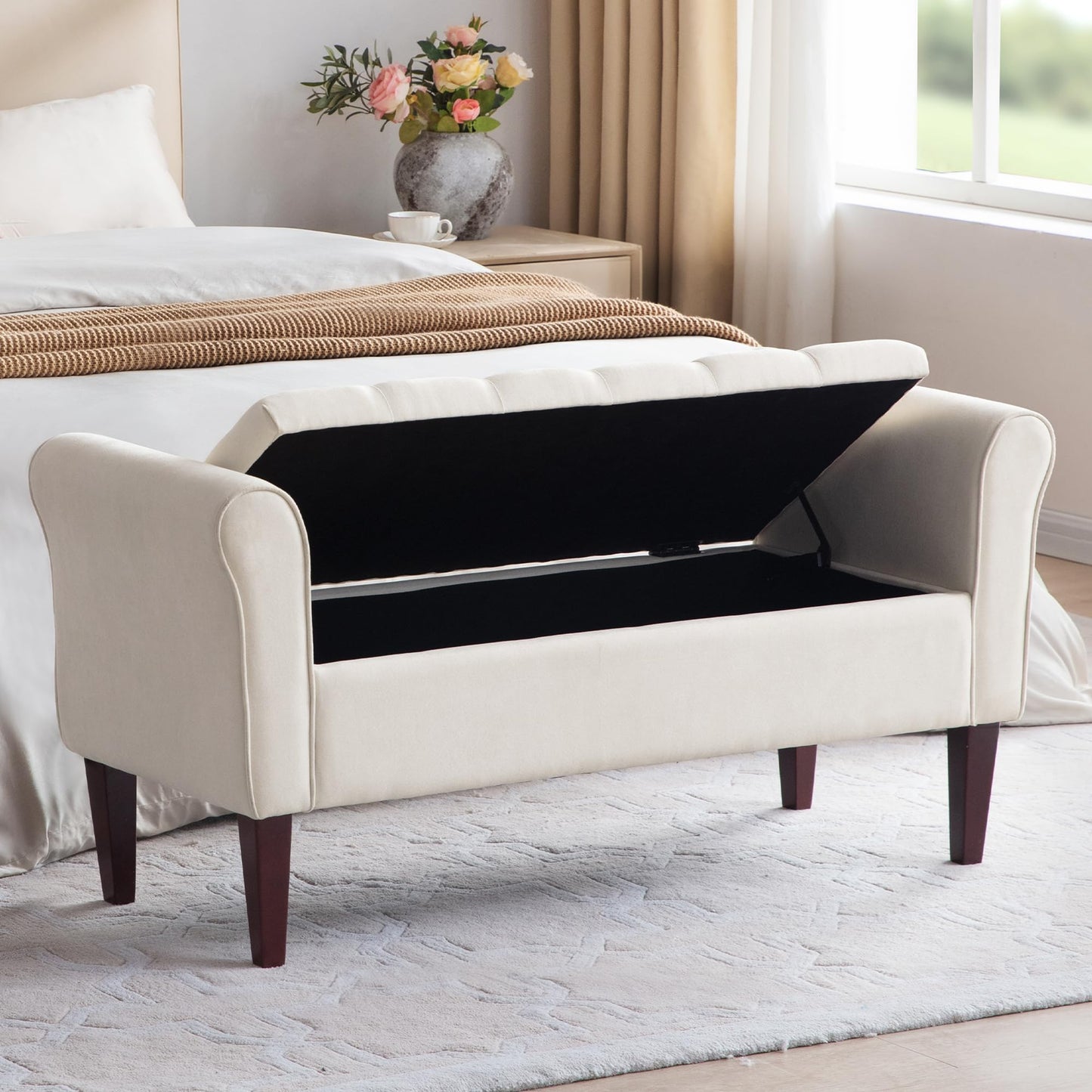 HUIMO 50.4" Arm Storage Bench with 7.5-inch Solid Wood Legs, Button-Tufted Storage Ottoman, Upholstered Window Sitting Bench for Bedroom,End of Bed Bench Indoor, Living Room, Entryway (Beige)