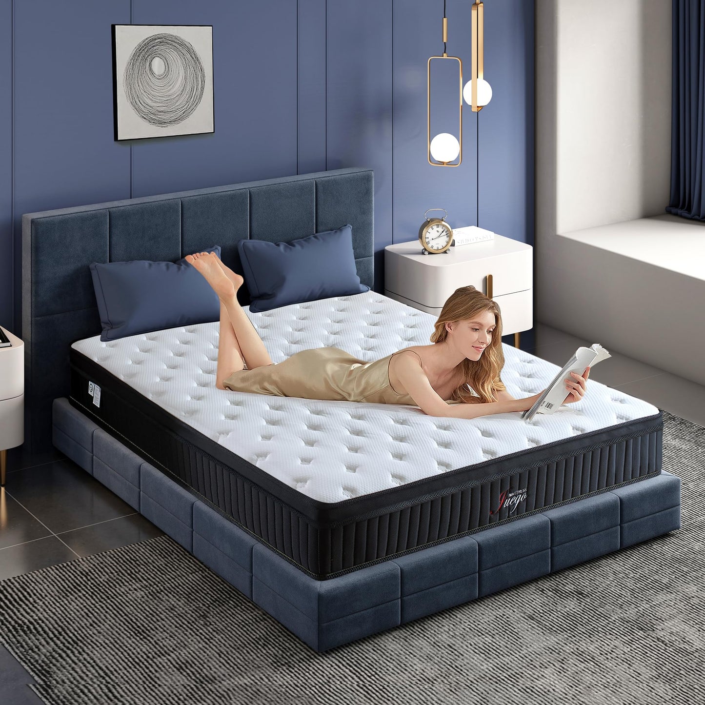 Juego Queen Mattress, 12 Inch Mixed Memory Foam Mattress. Bagged Spring, Zoned Pressure Relief, Medium Firm Feel, Motion Isolation, Deep Sleep, Certified Safe Foams and Fabric, CertiPUR-US,Black