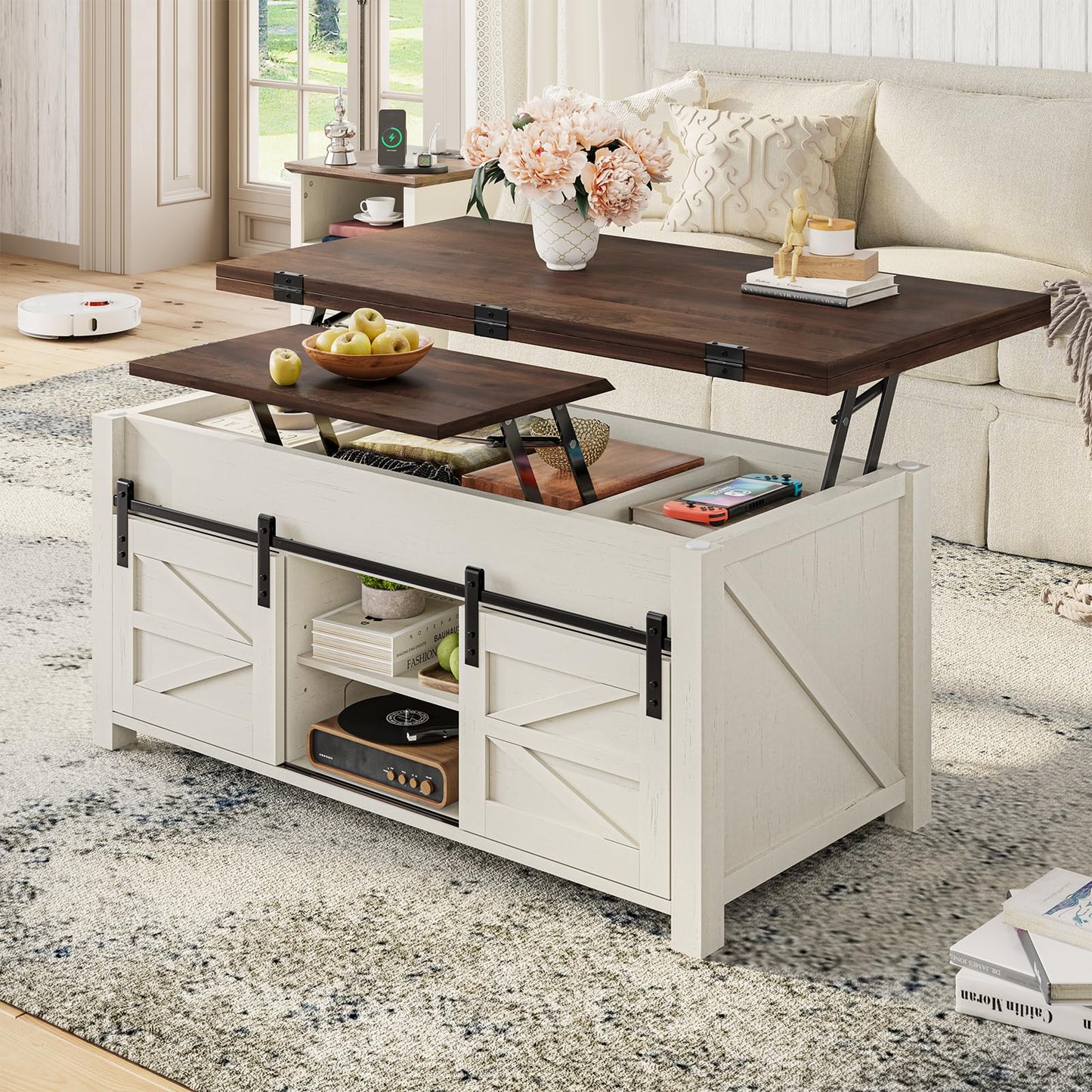 UPOSOJA Lift Top Coffee Table for Living Room with 4 Sliding Barn Doors, 4 in 1 Farmhouse Coffee Table with Adjustable Shelves and Hidden Storage Compartment, Converts to Dining Table (Brown White)