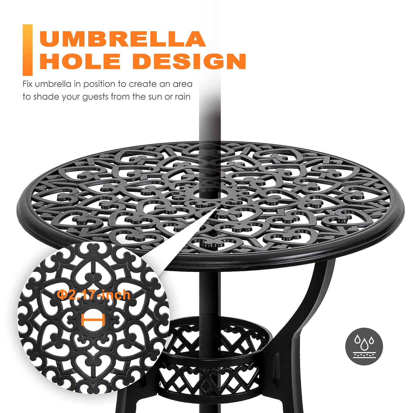 NUU GARDEN Outdoor 3-Piece Bistro Set with Cushions, Round 24 Inch Cast Aluminum Bistro Table with 2.17" Umbrella Hole, 2 Cast Aluminum Bistro Chairs, for Patio, Garden, Backyard and Balcony, Black