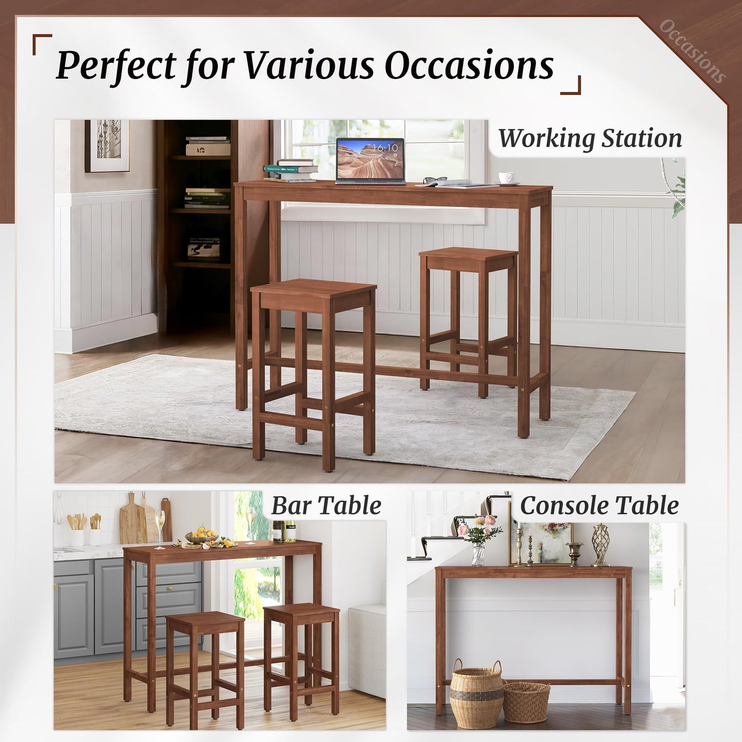 Cozyman Bar Table and Chairs Set, 53" Dining Table Set with 2 Stools, Kitchen Bar Height Table with Stools of 2, Space Saving for Living Room, Brown