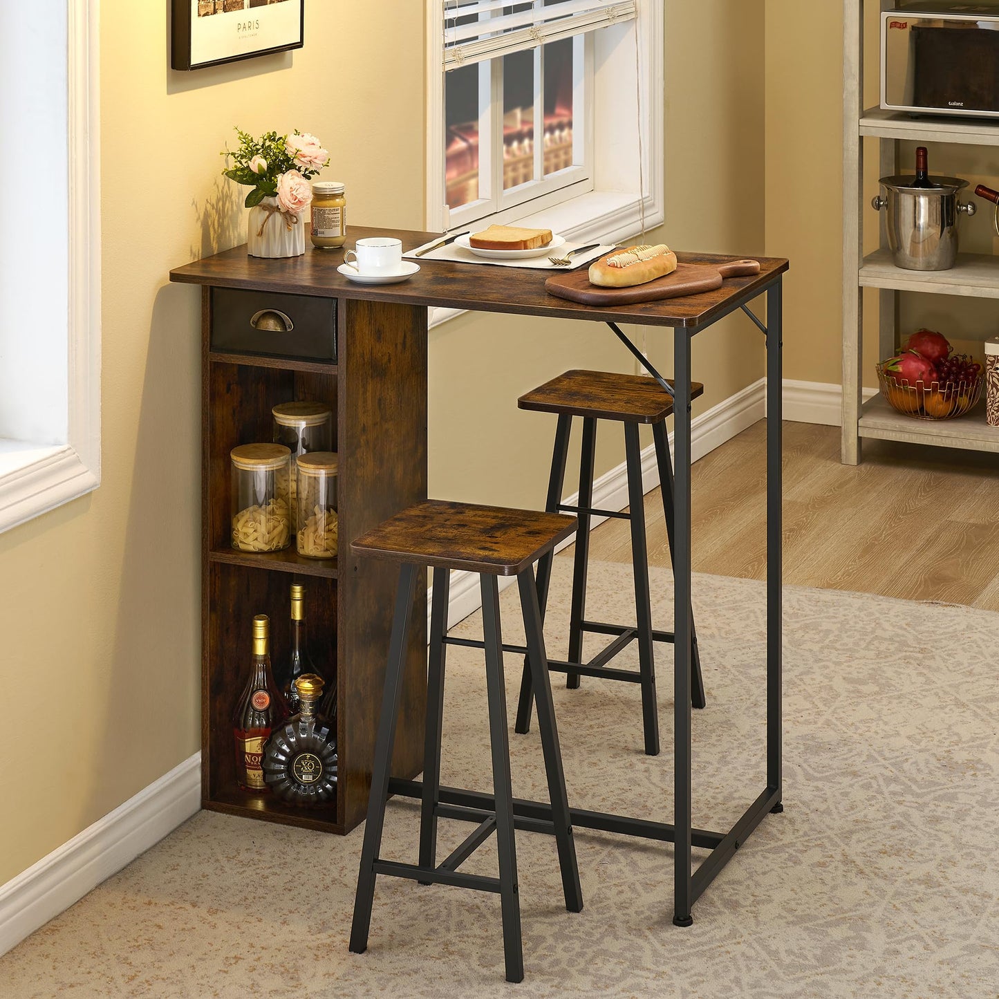 IDEALHOUSE 3-Piece Dining Table Set for 2， Kitchen Table and Chairs with Storage Drawer & Shelf – Compact Kitchen Table and 2 Bar Stools, Perfect for Small Kitchens, Apartments, Brown