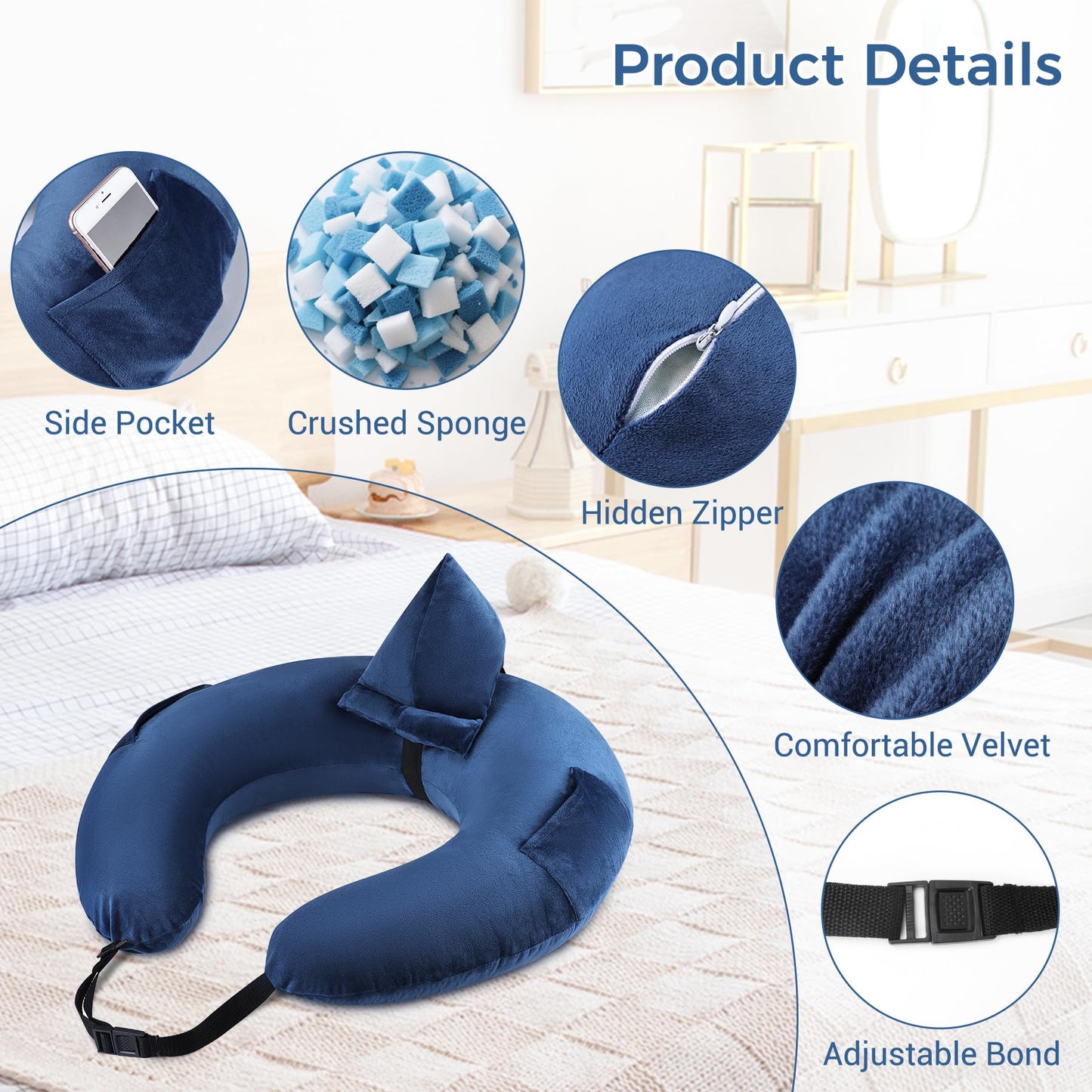 COOLBEBE Reading Pillow for Gaming, Arm Rest Support Pillow, U-Shaped Lap Pillow for Bed & Sofa, Compact Gaming Pillow with Tablet Support for Reading, Crocheting(Navy Blue)