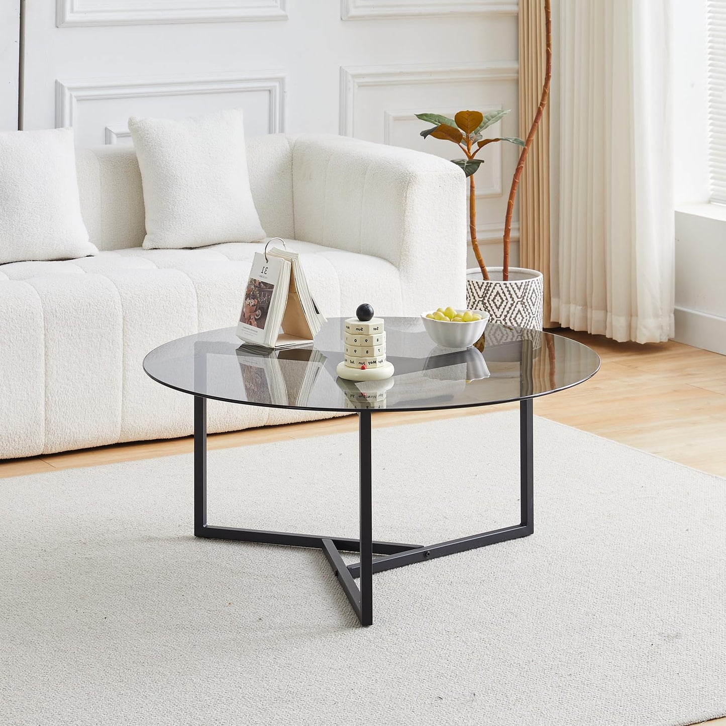 CLIPOP Small Round Coffee Table, Tempered Glass Coffee Table with Triangle Structure Metal Frame, Adjustable Feet Padded, Modern Coffee Table for Living Room, Small Space, Black