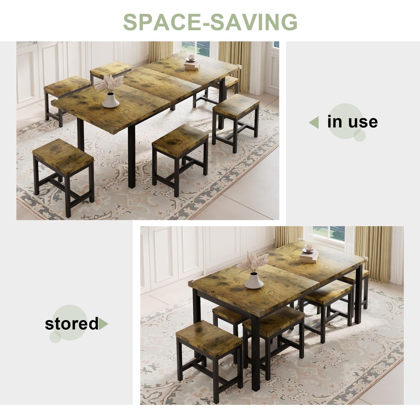 Feonase 7-Piece Dining Table Set with 6 Stools, 63 Inch Extendable Kitchen Table for 4-8, Kitchen Room Set with MDF Board & Metal Frame, Farmhouse Table, Space-Saving, Rustic Brown