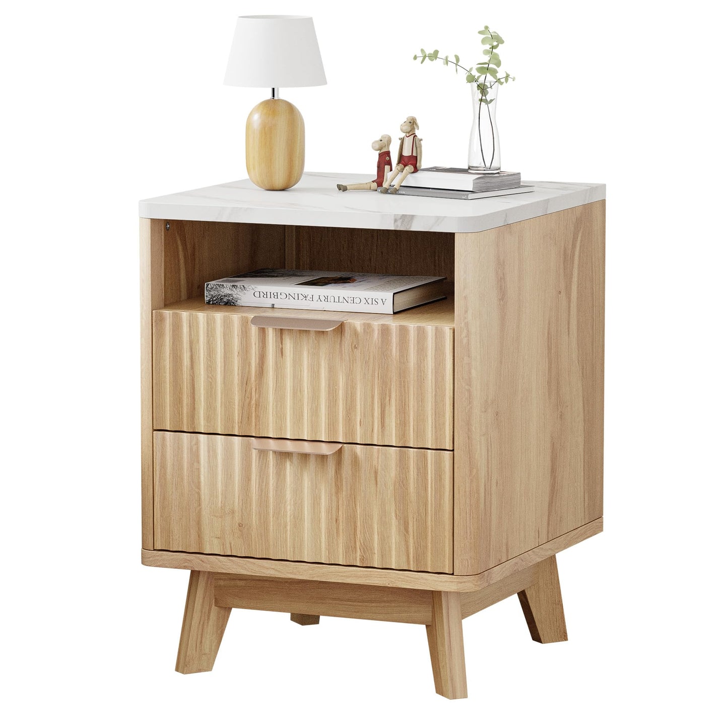 HOCAT Fluted Nightstand with 2 Drawers, 18" Modern Bed Night Stand with Faux Marble Top, Open Storage Shelf, Curved Edge Bedside Table for Bedroom, Living Room End Side Table, Natural Oak
