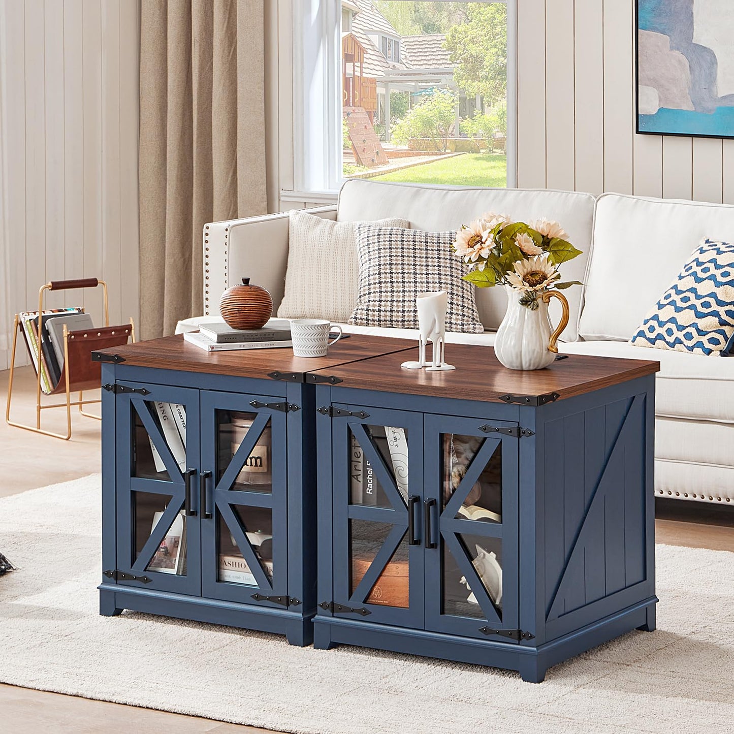 Joaxswe Farmhouse End Table with Charging Station, 24" Large Sofa Side Table with Glass Barn Door, Blue Nightstand with Adjustable Storage Shelf,Wood Square Bedside Table for Living Room,Bedroom