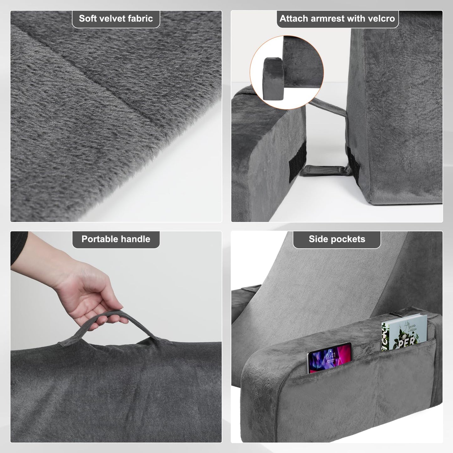 Reading Pillow for Sitting in Bed - Back Pillow for Sitting Up - Back Support Pillow with Detachable Neck Roll & Arms - Full Support - Reading & Bed Rest Pillows for Watching TV/Reading/Gaming
