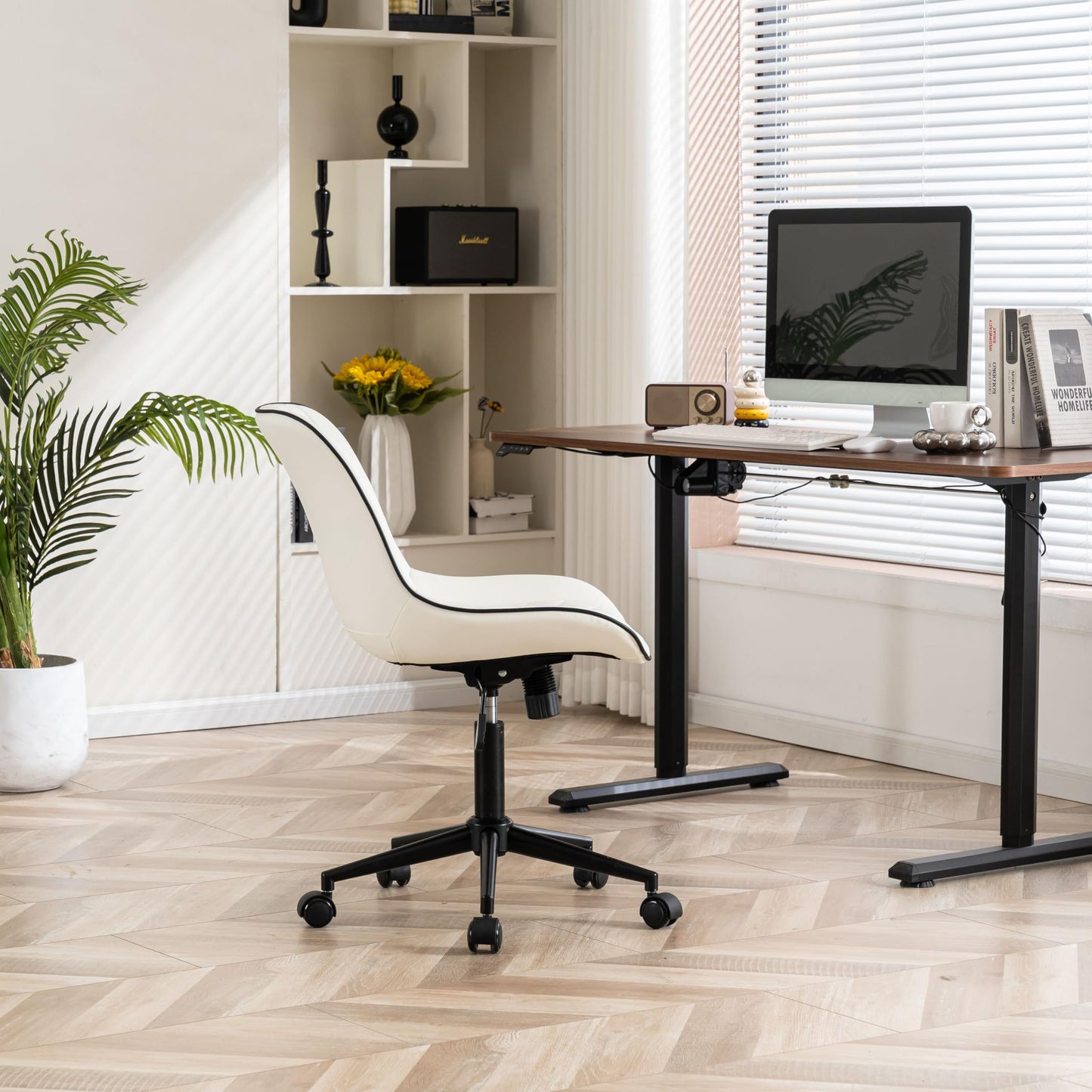 YOUNIKE White Ergonomic Home Office Desk Chair No Arms Comfy Small Criss Cross Chair with Wheels Swivel Adjustable Modern Vanity Chair with Back Armless Cute Leather Upholstered Rolling Task Chair