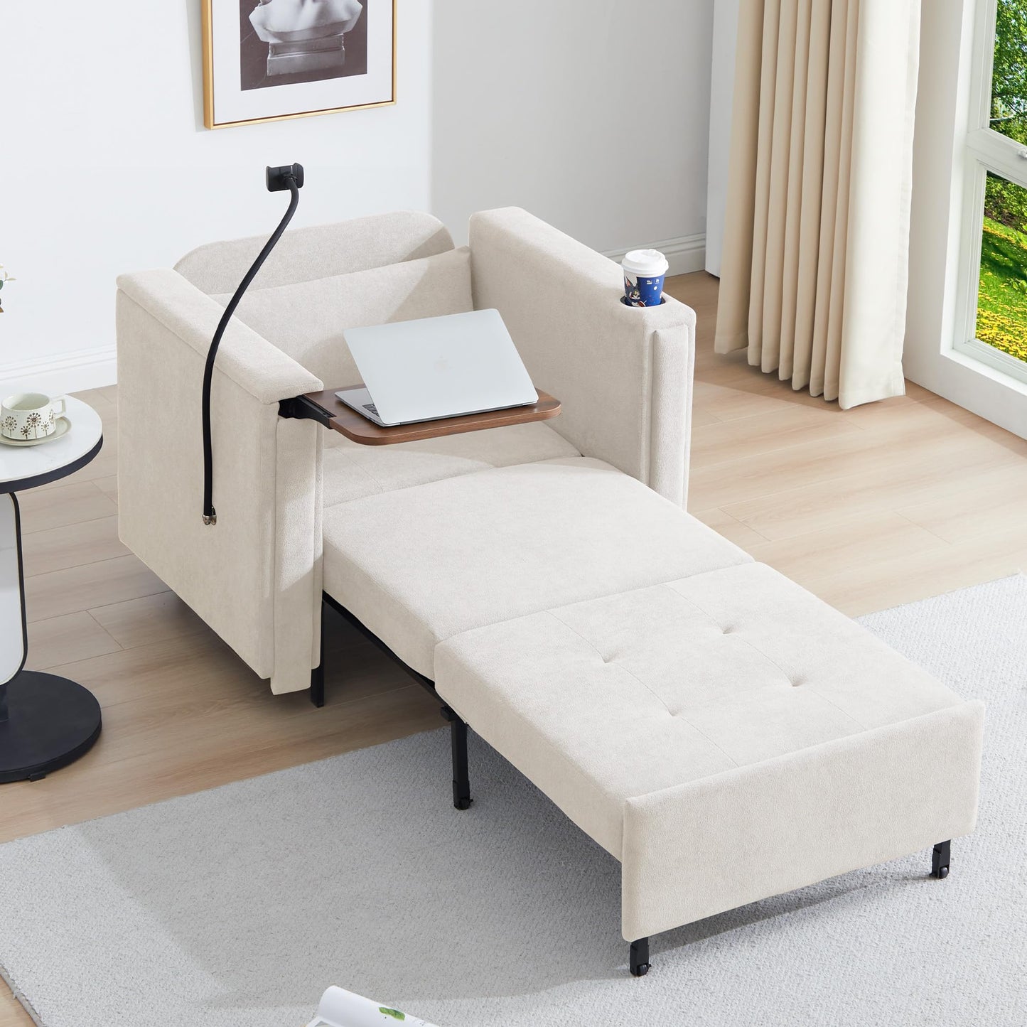 LEVNARY 3-in-1 Convertible Sleeper Chair Pull Out Bed, Single Sofa Chair Sleeper for Adults with Hidden Side Table, Modern Chenille Fabric Armchair for Bedroom Dorm Home Office (Beige)