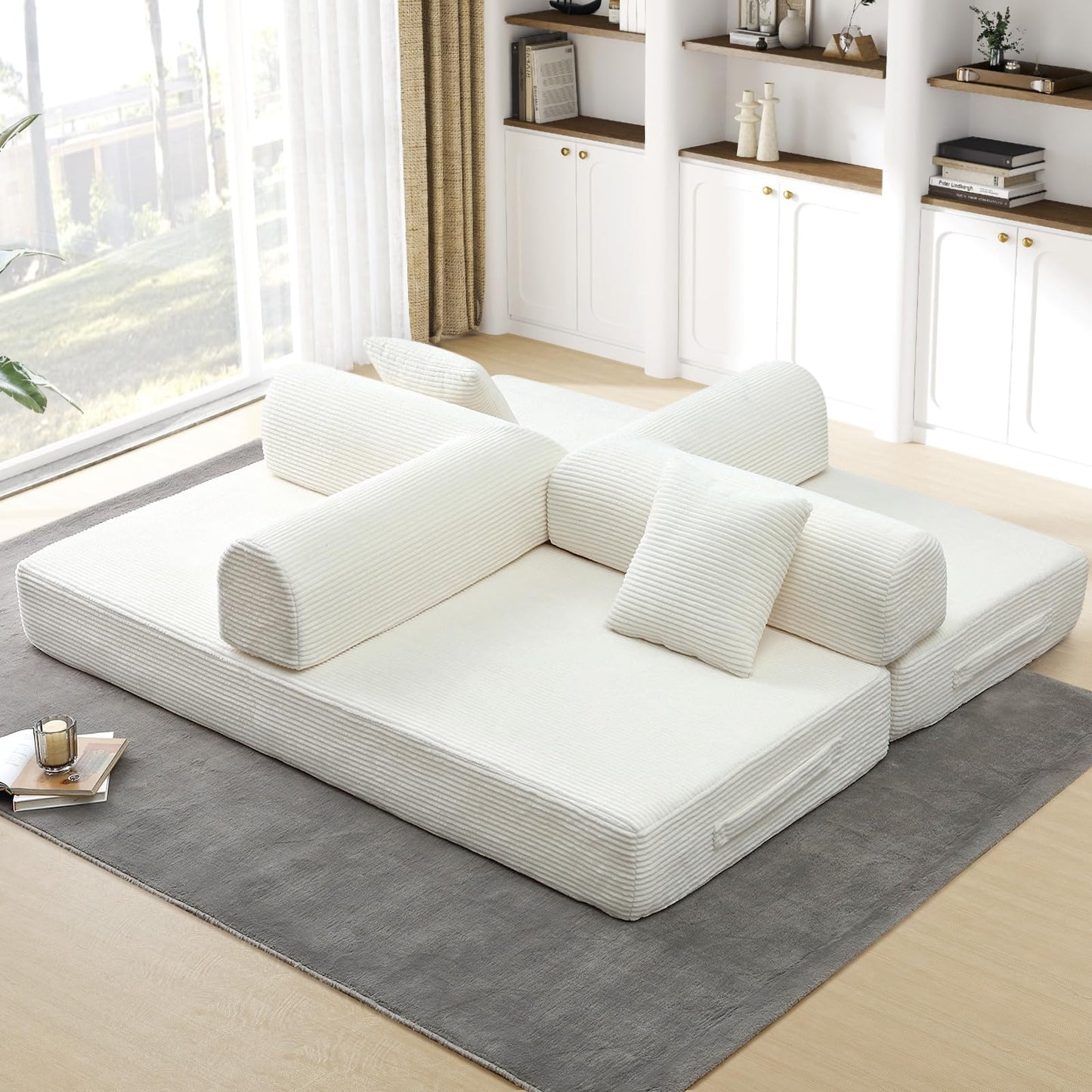 JEEOHEY Convertible Folding Sofa Bed, Corduroy Sleeper Mattress Couch with Fixed-Shape Frame, Free Combination Loveseat Lounge Floor Sofa, Queen Size Memory Foam Couch for Living Room, Bedroom, White