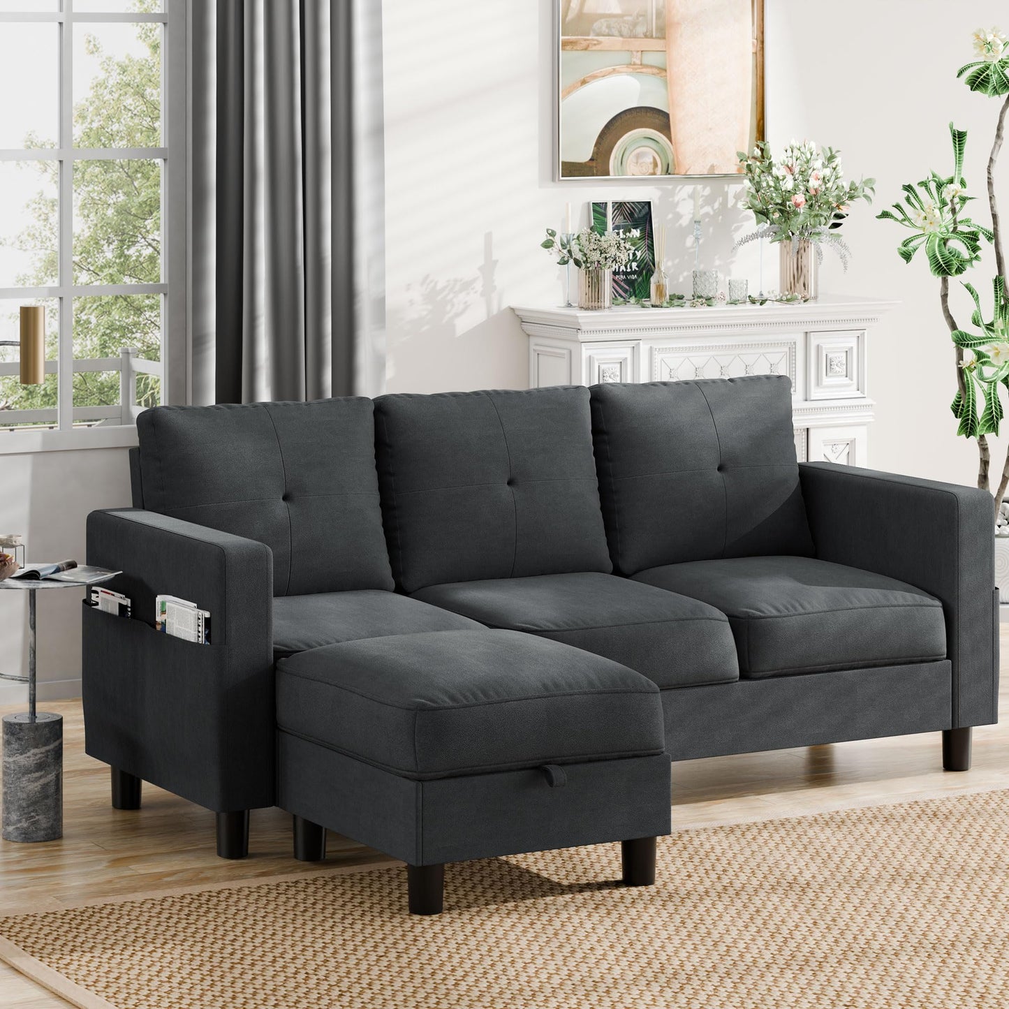 JAMFLY Convertible Sectional Couches for Living Room, L-Shaped Couch 3 Seat Sectional Sofa Set with Polyester Fabric and Movable Ottoman Small Couch for Apartments, Office, Black