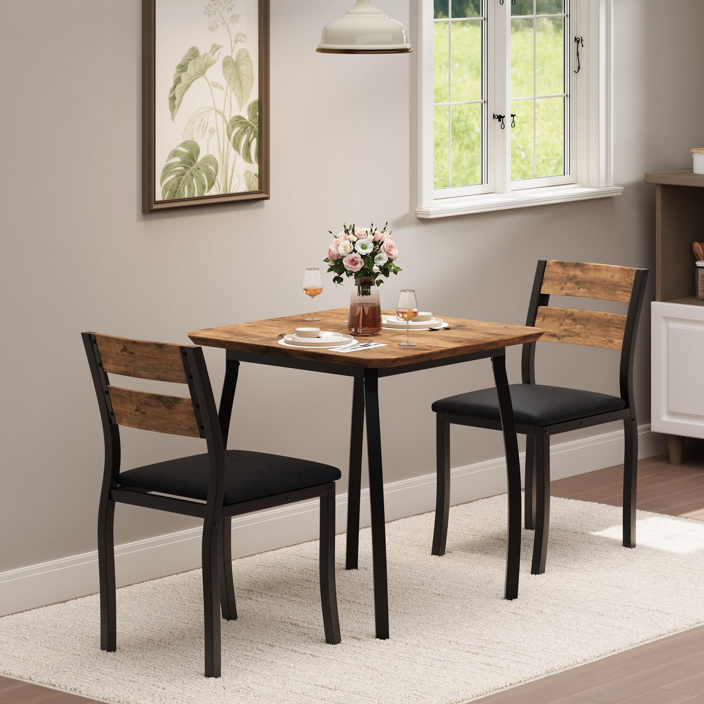 GarveeHome 3 Piece Dining Table Set for 2, Farmhouse Kitchen Table and Upholstered Chair, Metal Frame Square Dining Room Furniture for Small Space, Apartment, Studio, Black+Retro