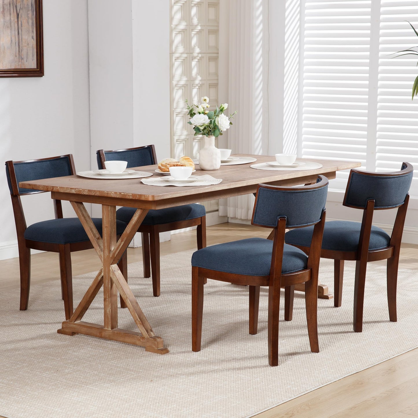 LZAREAL Mid Century Modern Dining Chairs Set of 2 Farmhouse Dining Room Chairs with Curved Backrest Dining Chair with Walnut-Colored Wood Legs for Kitchen Dining Room Home, Linen Fabric, Blue