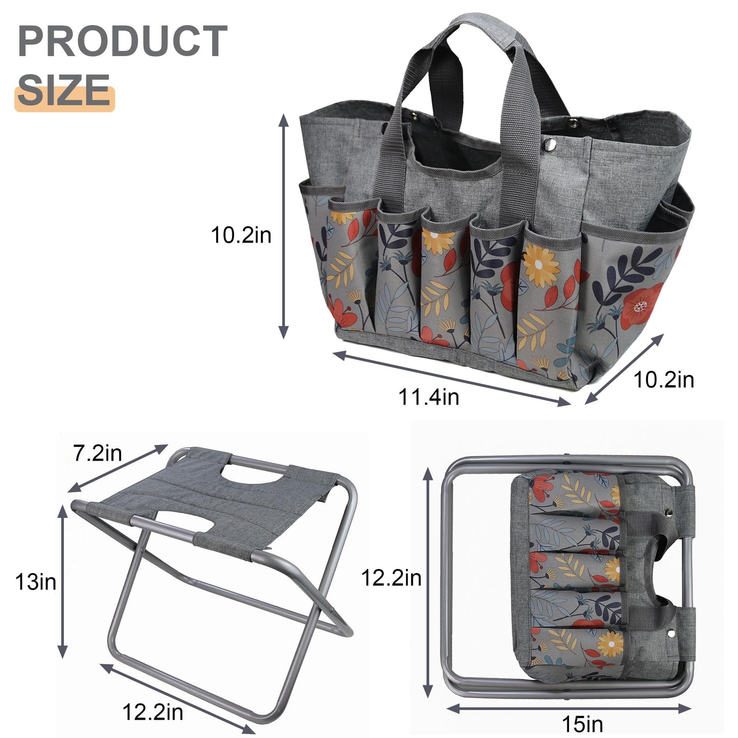 MDSTOP Folding Gardening Stool with Detachable Storage Tote Bag, Gardening Tools Set Organizer for Fishing Outdoor Sports Hiking Camping Garden, Gardening Gifts for Mom/Dad, Without Tools (Aluminum)