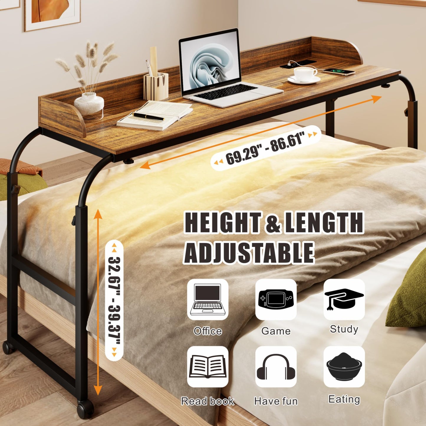 Overbed Desk with Charging Station-Over Bed Table-Adjustable Length/Height with Wheels - Human Sensor LED Light Mobile Queen Size Bed Table Rolling Tray Table for Eating & Laptops, Brown