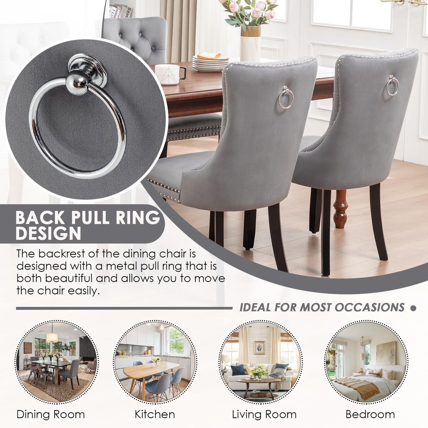 Kiztir Velvet Dining Chairs Set of 4, Upholstered Dining Chairs with Ring Pull Trim and Button Back, Luxury Tufted Dining Chair for Living Room, Bedroom, Kitchen (Gray)
