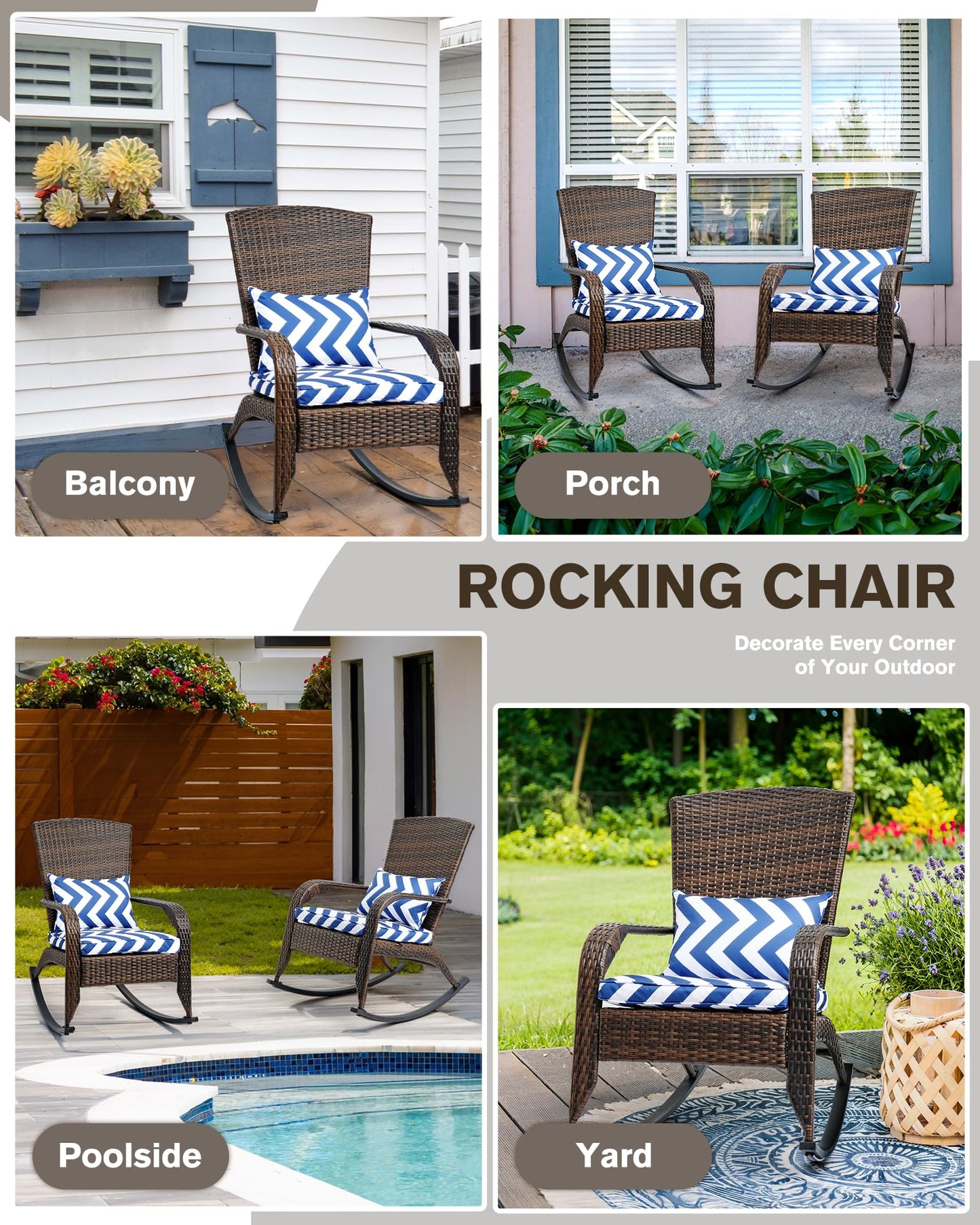 OYODHPDU Outdoor Rocking Chair- Outdoor Glider Rattan Rocker Chair with Heavy Duty Steel Frame- All Weather Rocker Chair for Garden, Porch, Backyard, Poolside (Brown Rattan, 320lbs)