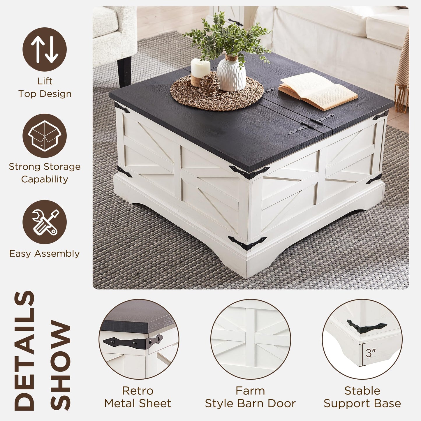 JXQTLINGMU Farmhouse Lift Top Coffee Table with Storage, 36" Wood Square Center Table with Large Hidden Compartment, Rustic Lift Tabletop Dining Table for Home Living Room, White