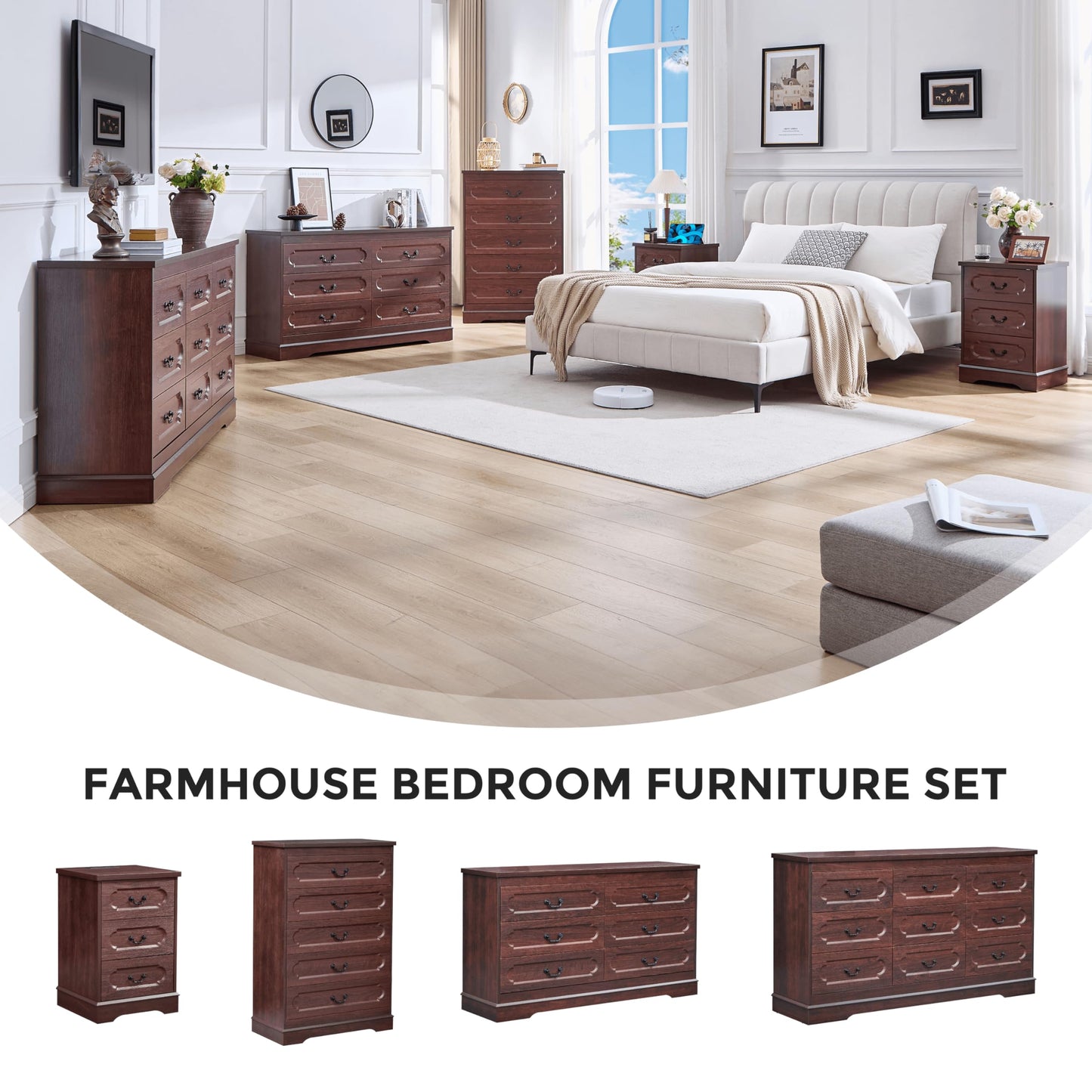 LIDYUK 3 Drawer Dresser for Bedroom Farmhouse Cherry Wood Chest of Drawers Bedroom Dresser with Charging Station, Rustic Small Drawers Dressers Nightstand Wooden Closet Storage Cabinet, Living Room