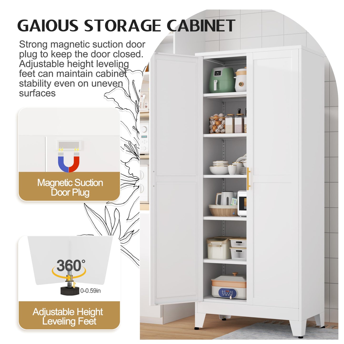 GAIOUS 75.2" Tall Pantry Cabinet, Kitchen Pantry Storage Cabinets with 2 Door and 5 Adjustable Shelves, White Metal Pantry Storage Cabinet, Cupboard for Kitchen, Dining Room, Living Room and Bathroom